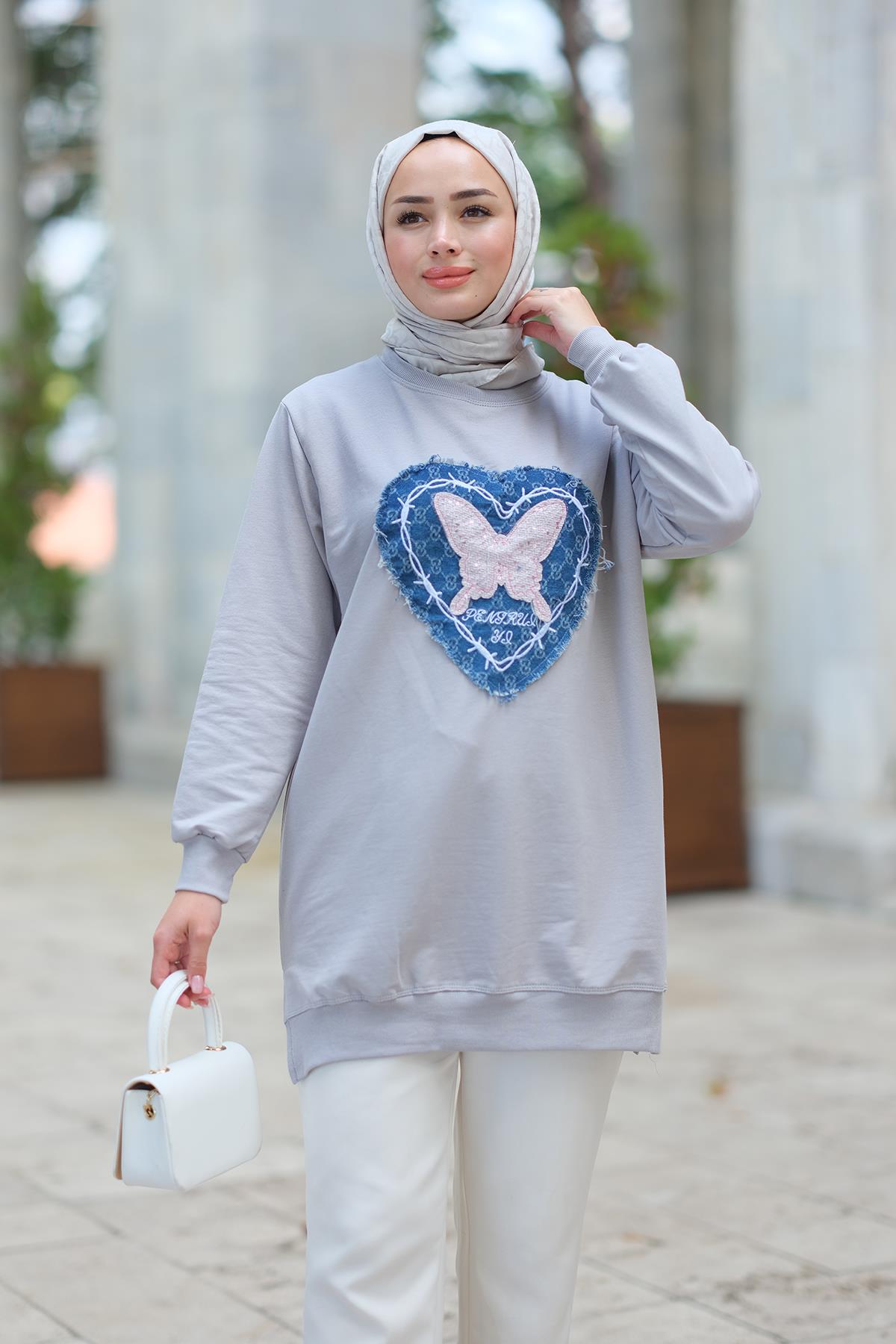 Kelebek Nakışlı Sweat Gri
