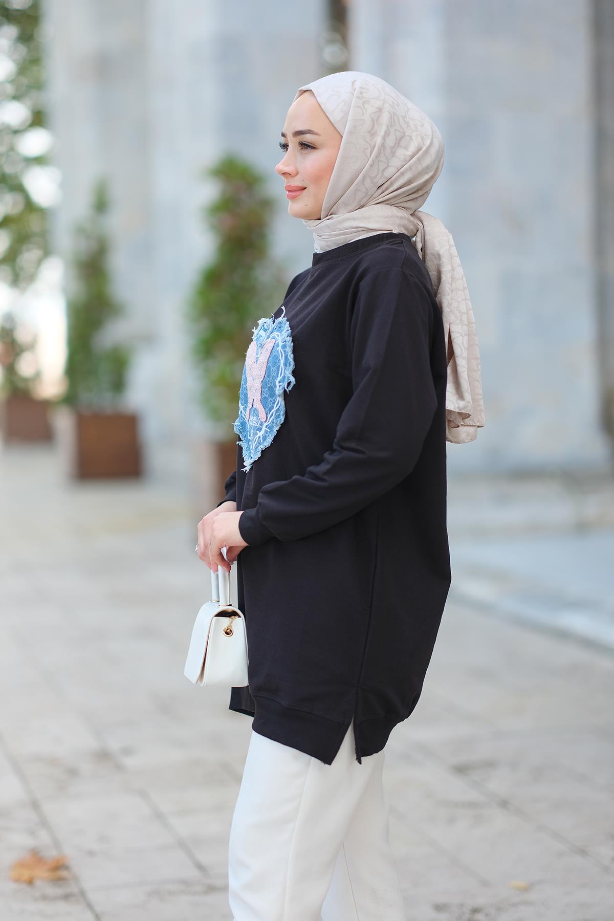 Kelebek Nakışlı Sweat Siyah