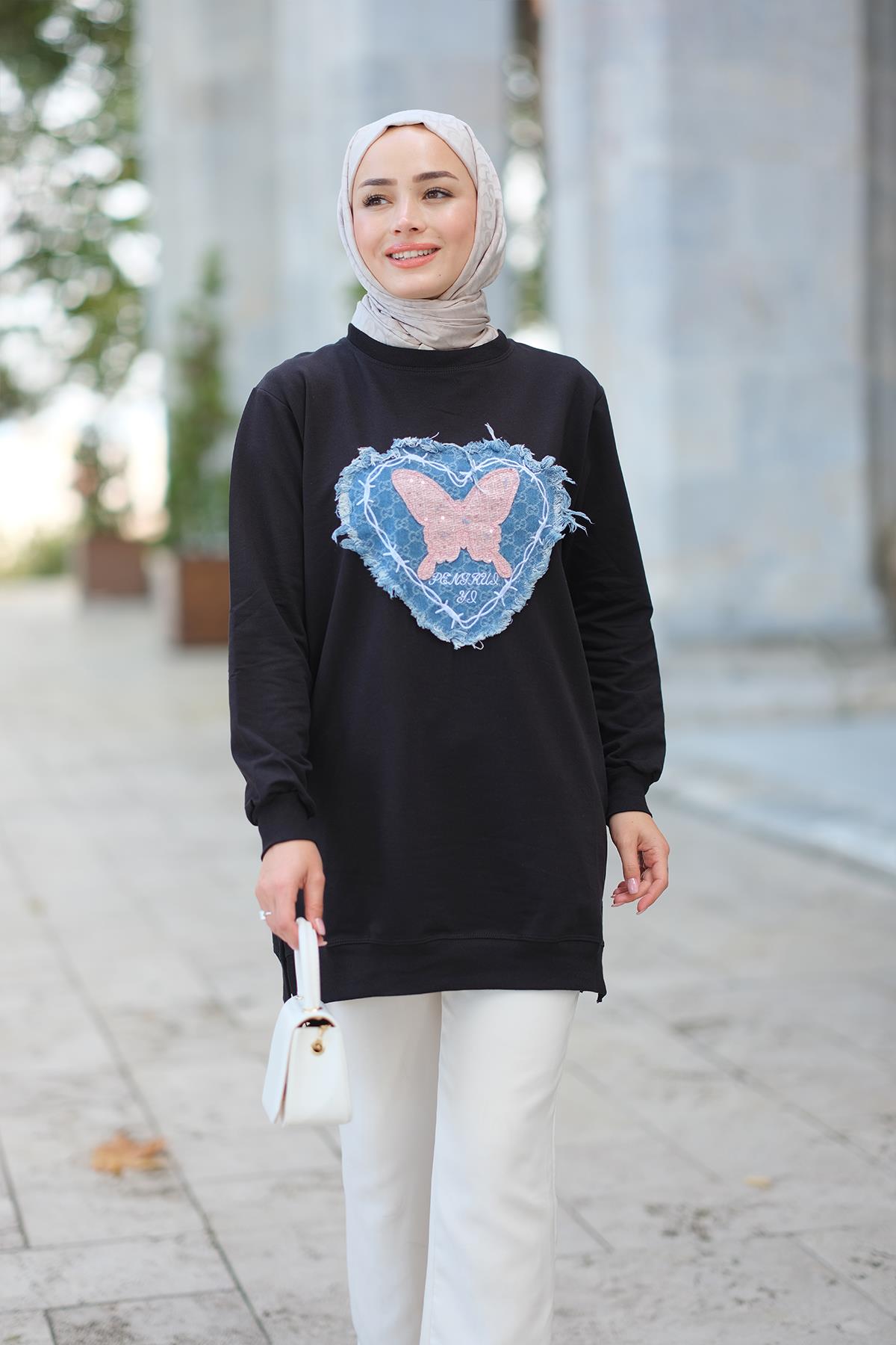 Kelebek Nakışlı Sweat Siyah