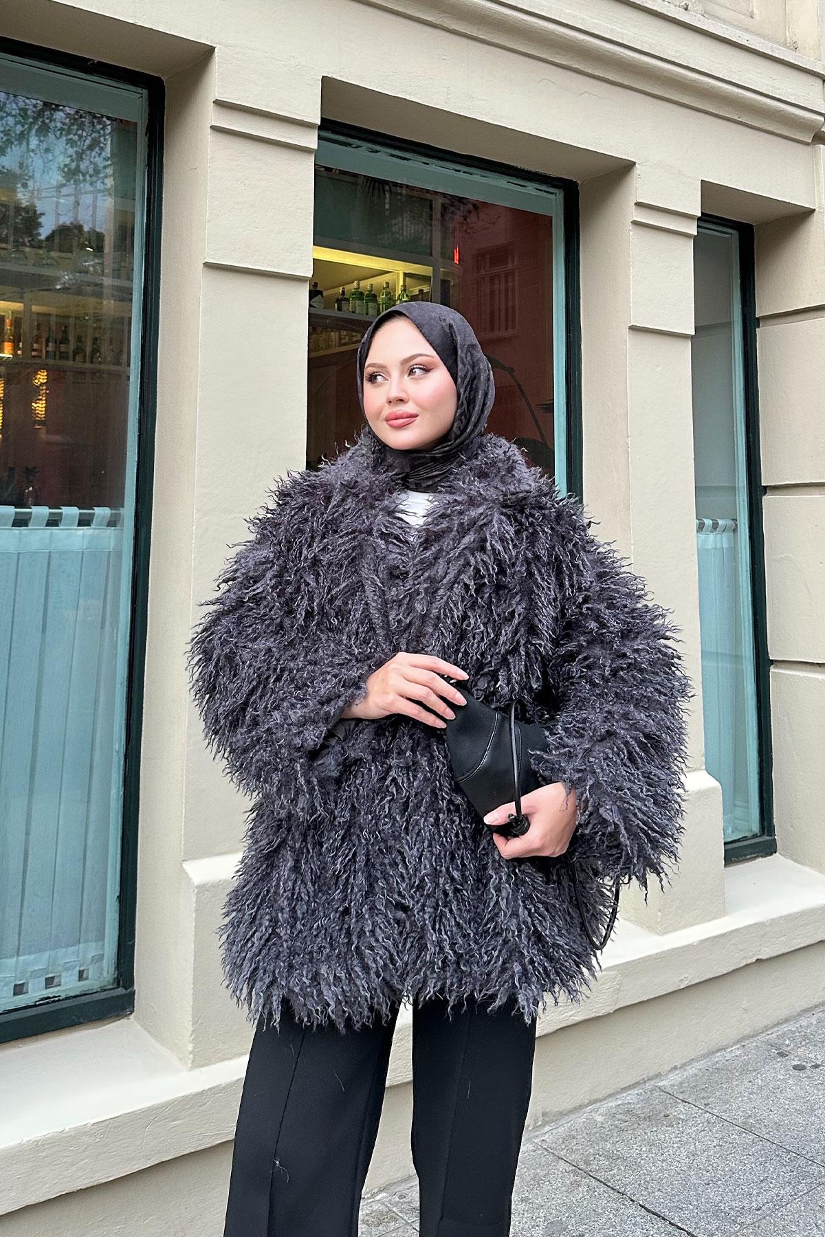 Kemer Detay Kısa Kürk Kaban Antrasit