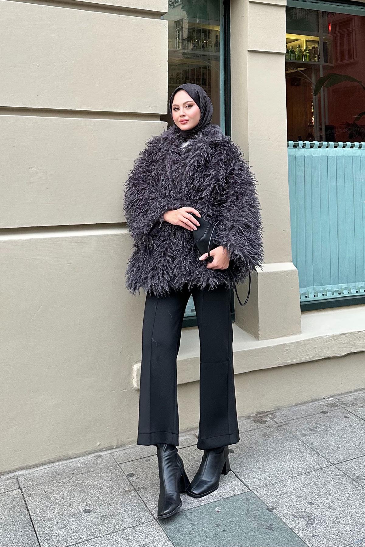 Kemer Detay Kısa Kürk Kaban Antrasit