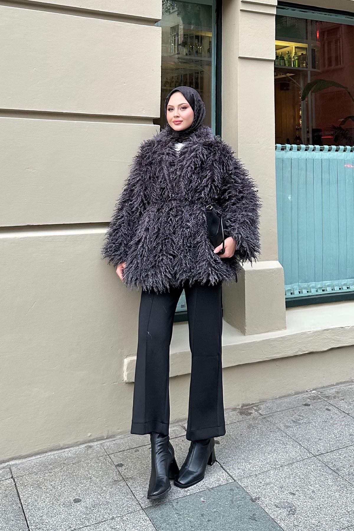 Kemer Detay Kısa Kürk Kaban Antrasit