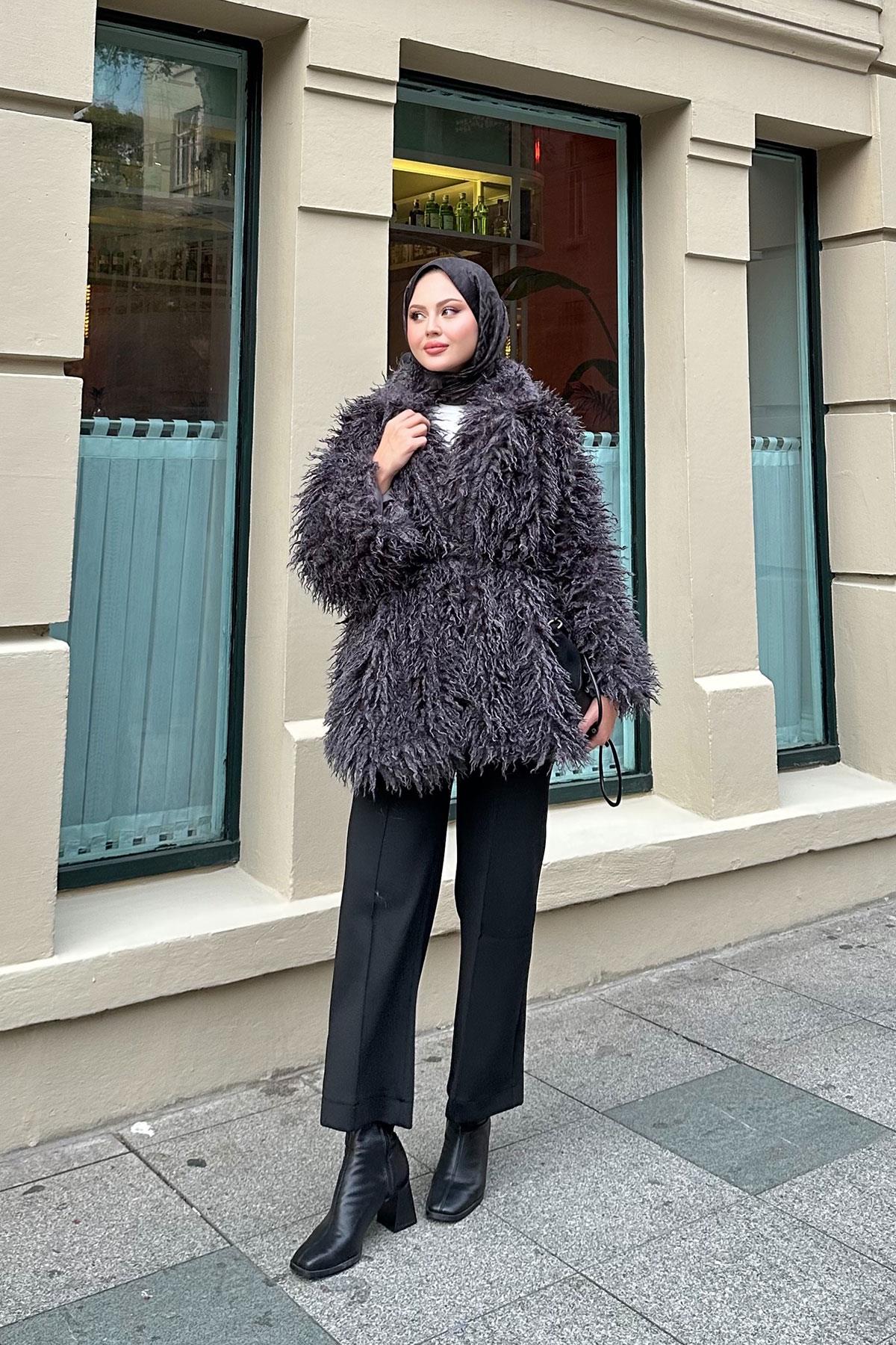 Kemer Detay Kısa Kürk Kaban Antrasit