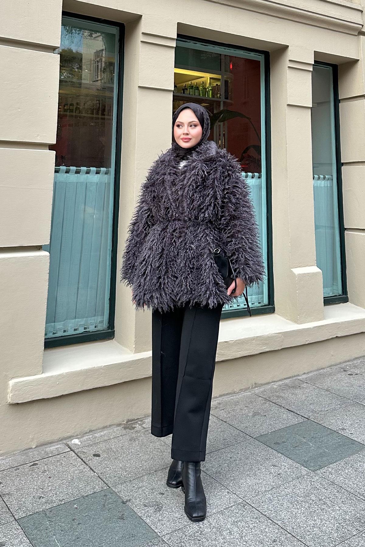 Kemer Detay Kısa Kürk Kaban Antrasit