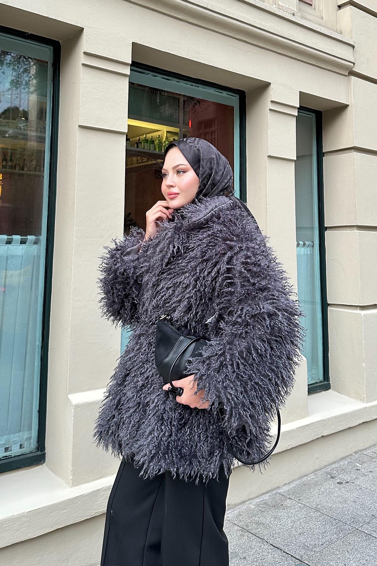 Kemer Detay Kısa Kürk Kaban Antrasit