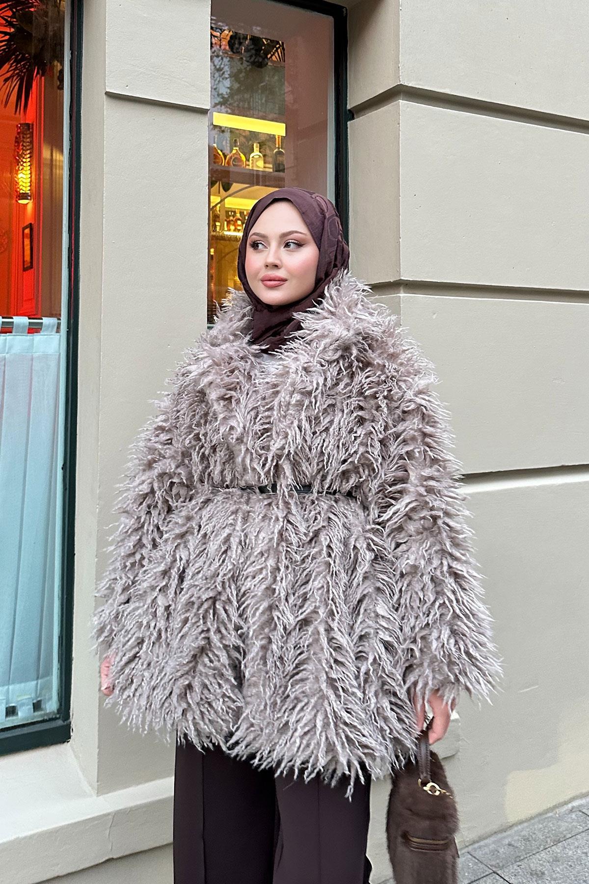 Kemer Detay Kısa Kürk Kaban Taş