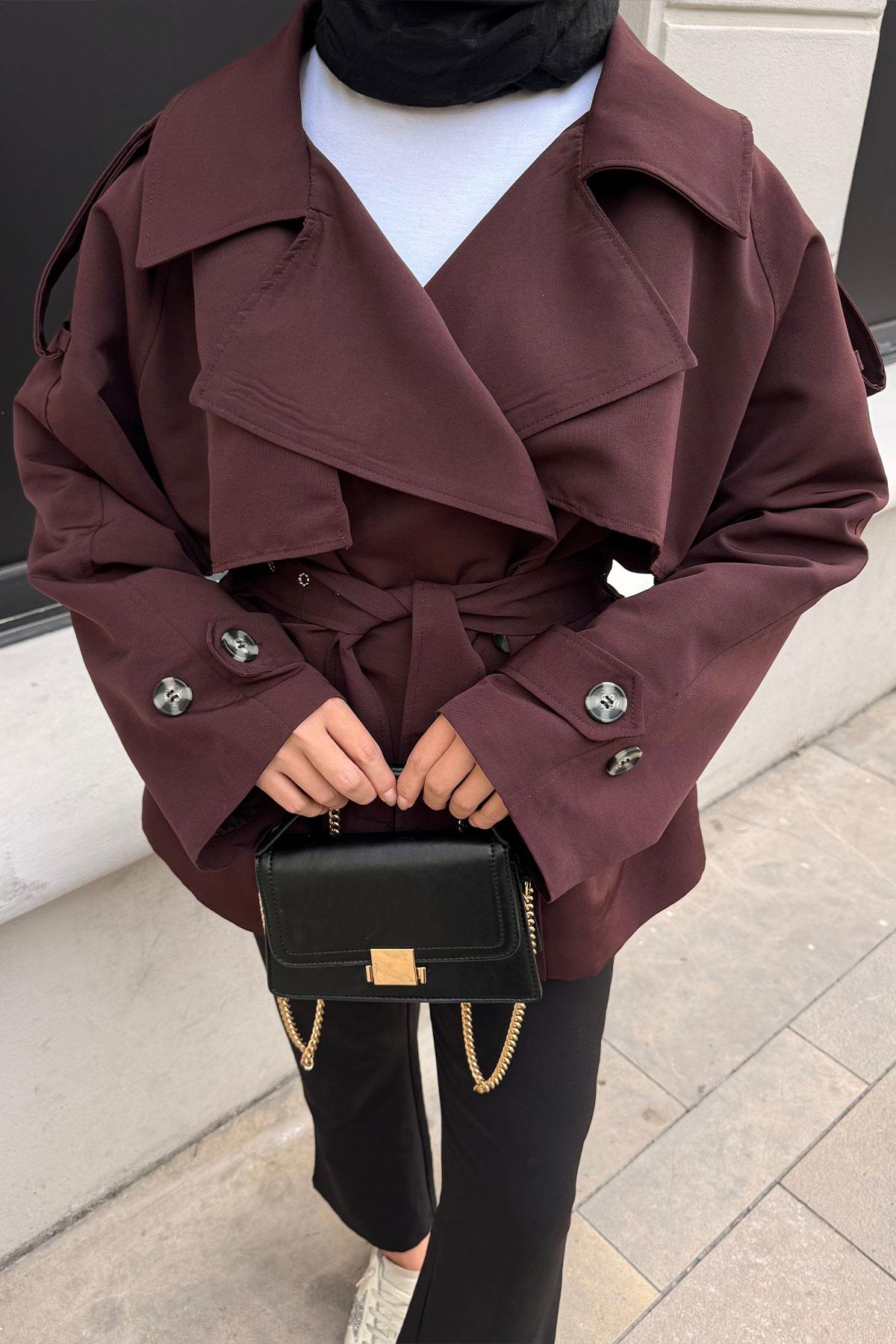 Kemer Detay Kısa Trenç Bordo