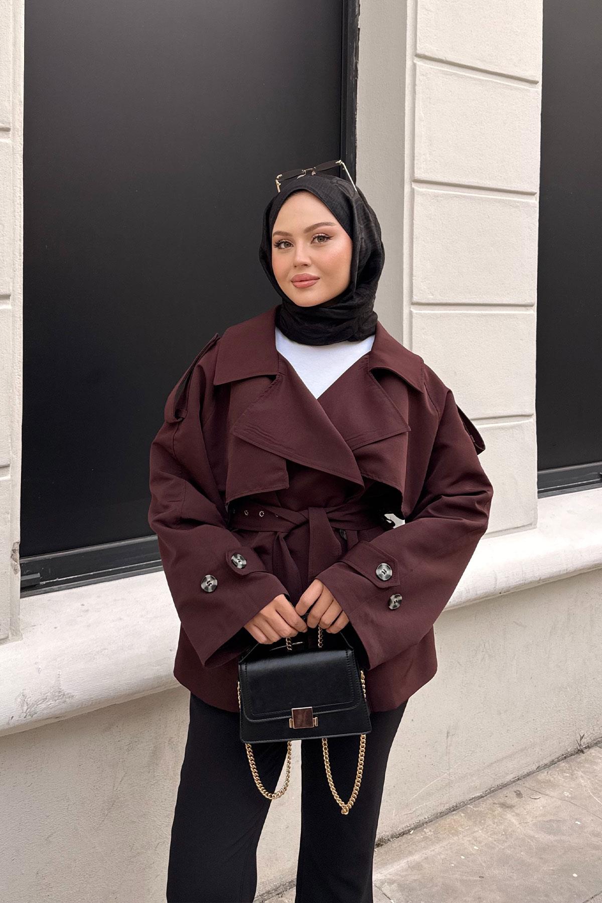 Kemer Detay Kısa Trenç Bordo