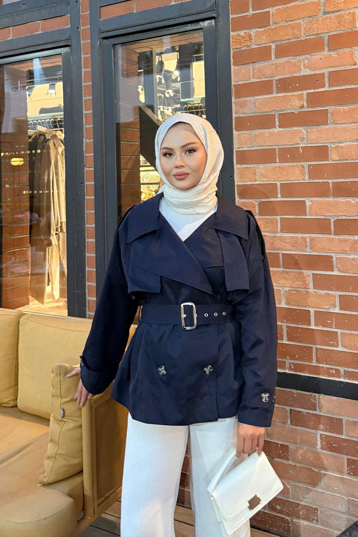 Kemer Detay Kısa Trenç Lacivert