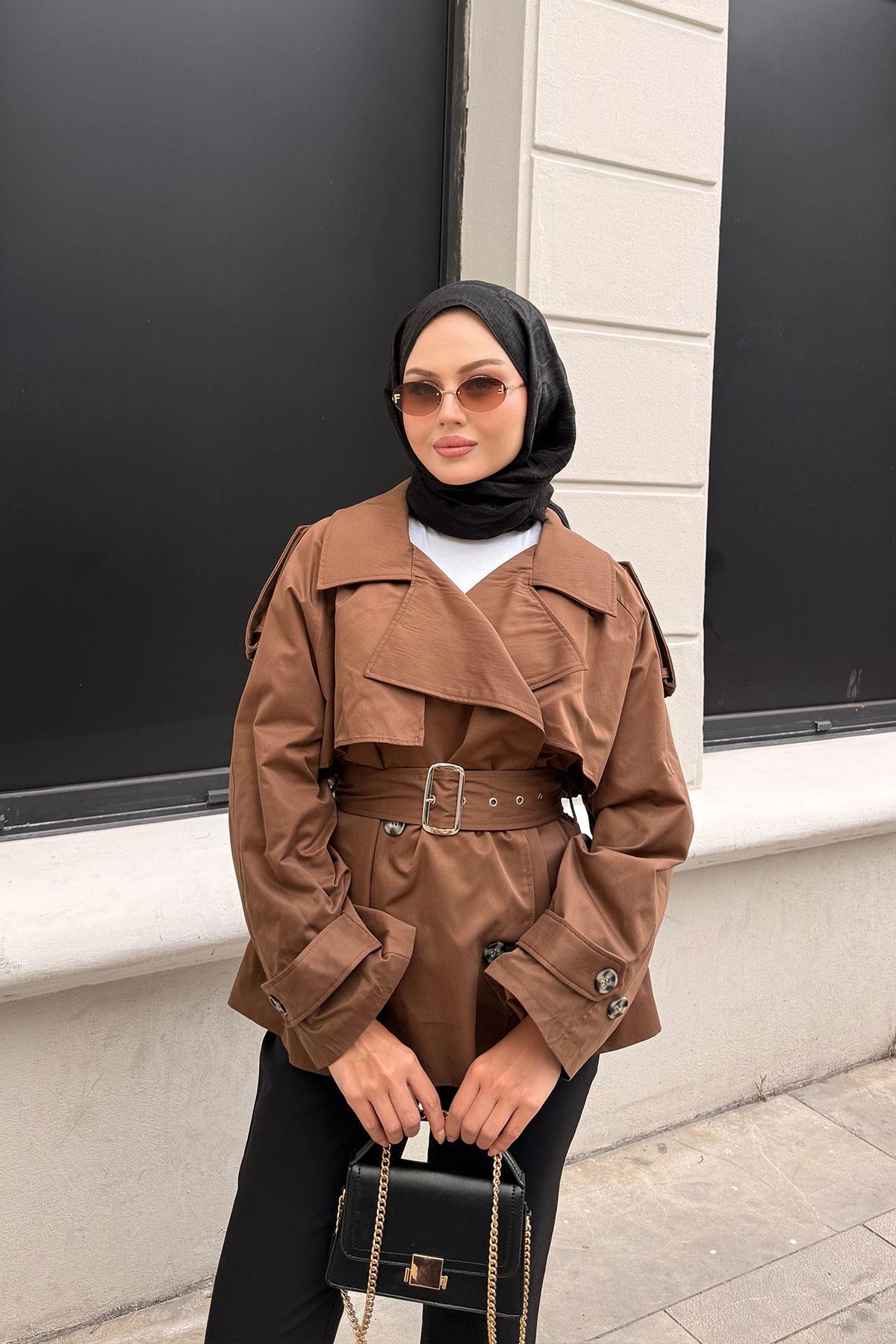 Kemer Detay Kısa Trenç Taba