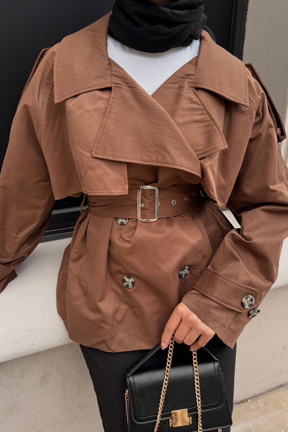 Kemer Detay Kısa Trenç Taba