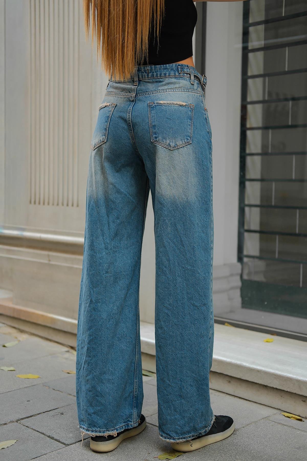 Kemer Detay Kot Pantolon Buz Mavi