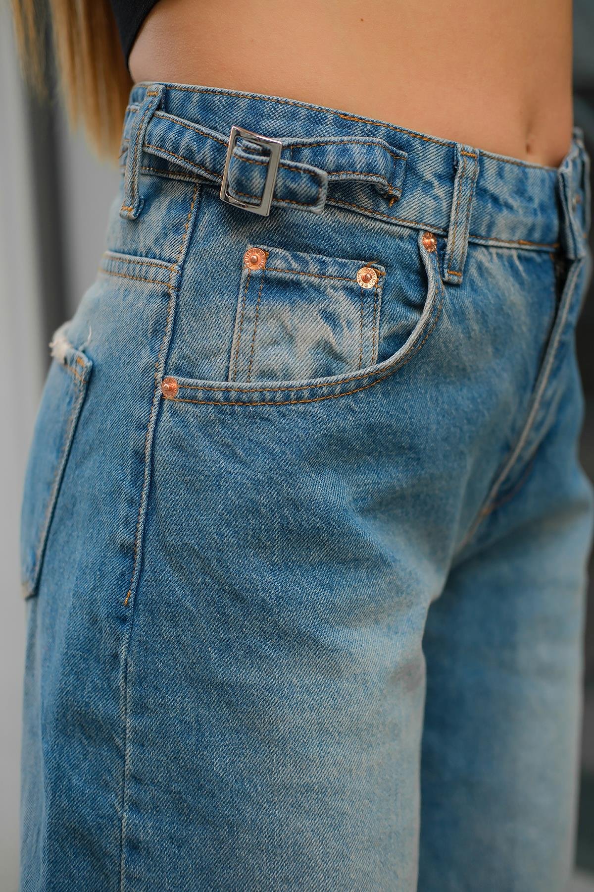 Kemer Detay Kot Pantolon Buz Mavi