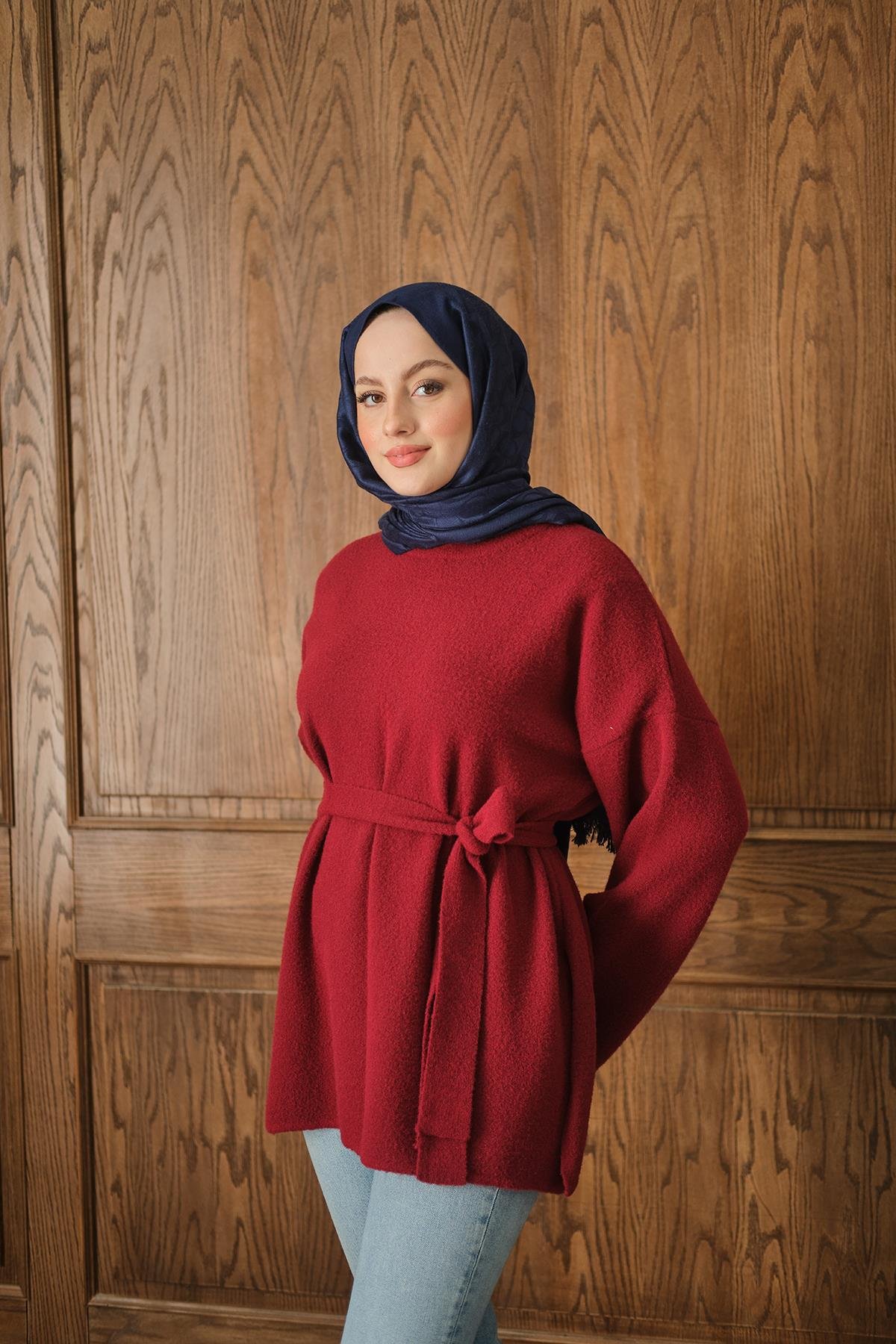 Kemer Detay Peluş Kazak Bordo