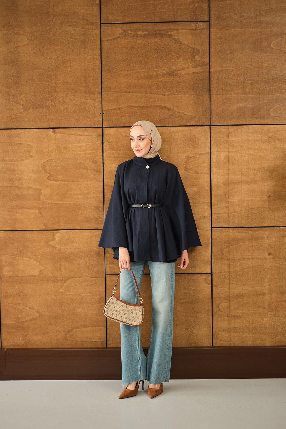 Kemerli Gabardin Ceket Lacivert