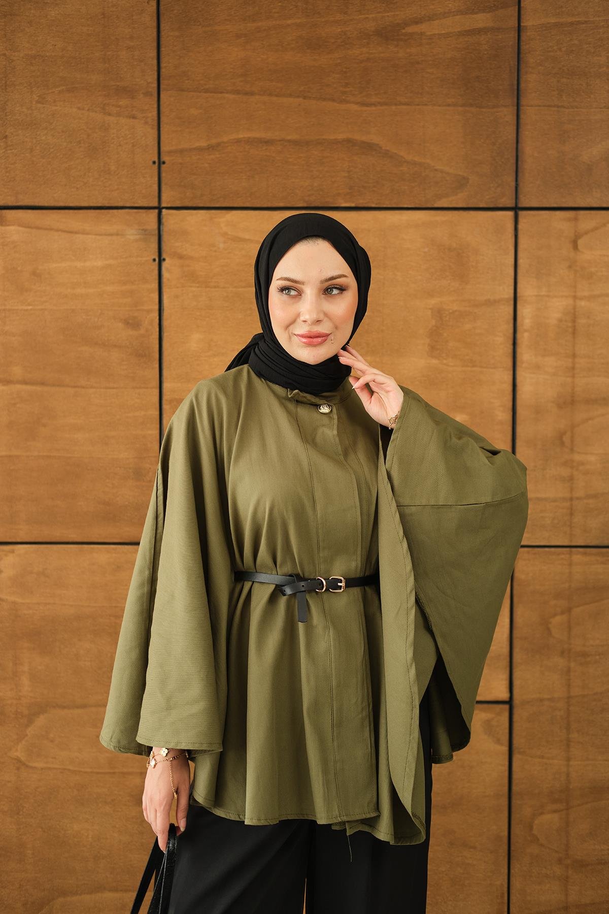 Kemerli Gabardin Ceket Yeşil