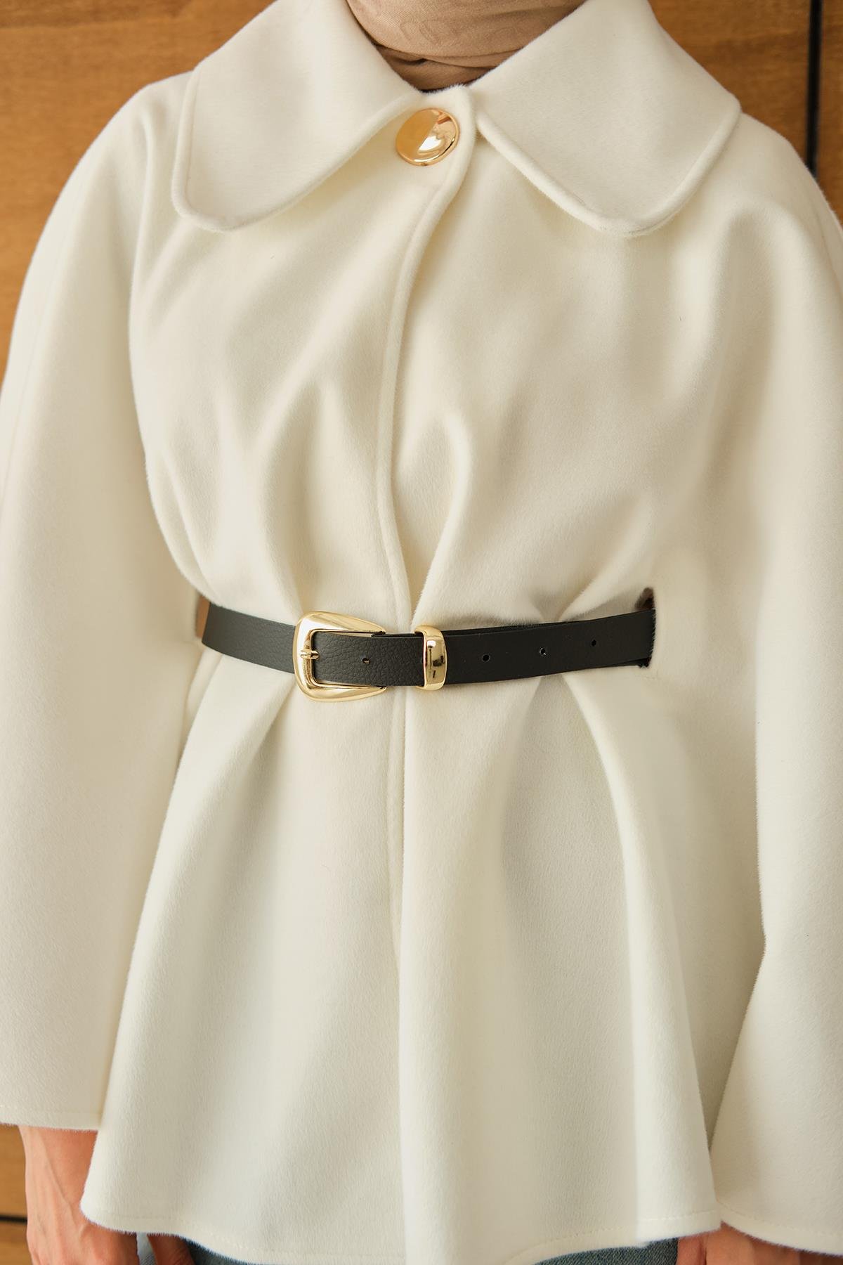 Kemerli Peluş Hırka Beyaz