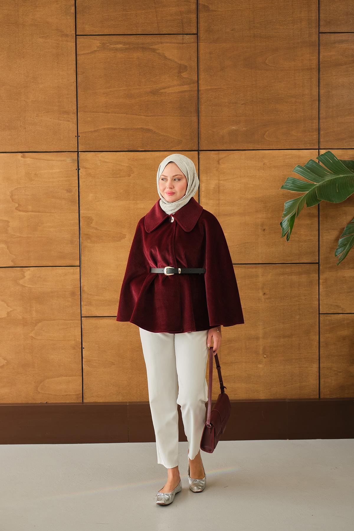 Kemerli Peluş Hırka Bordo