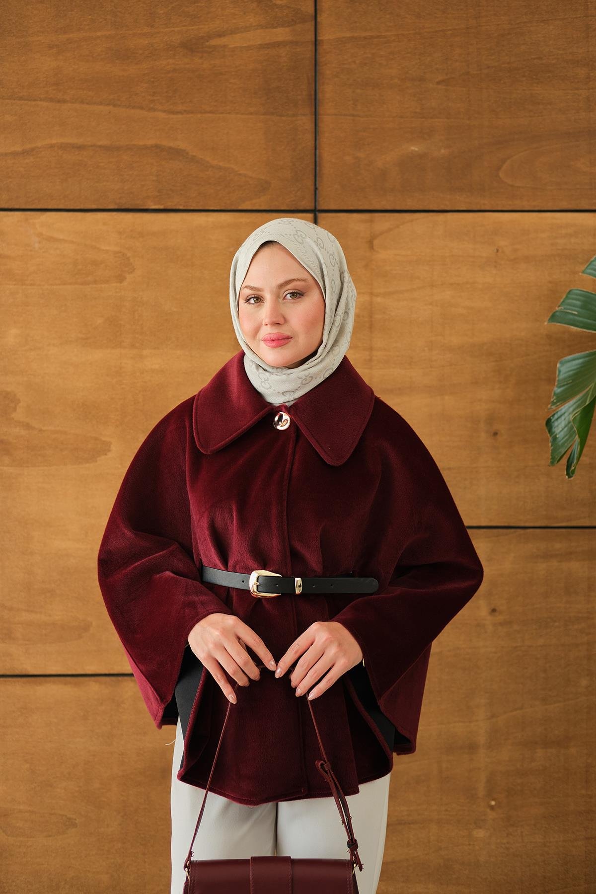 Kemerli Peluş Hırka Bordo