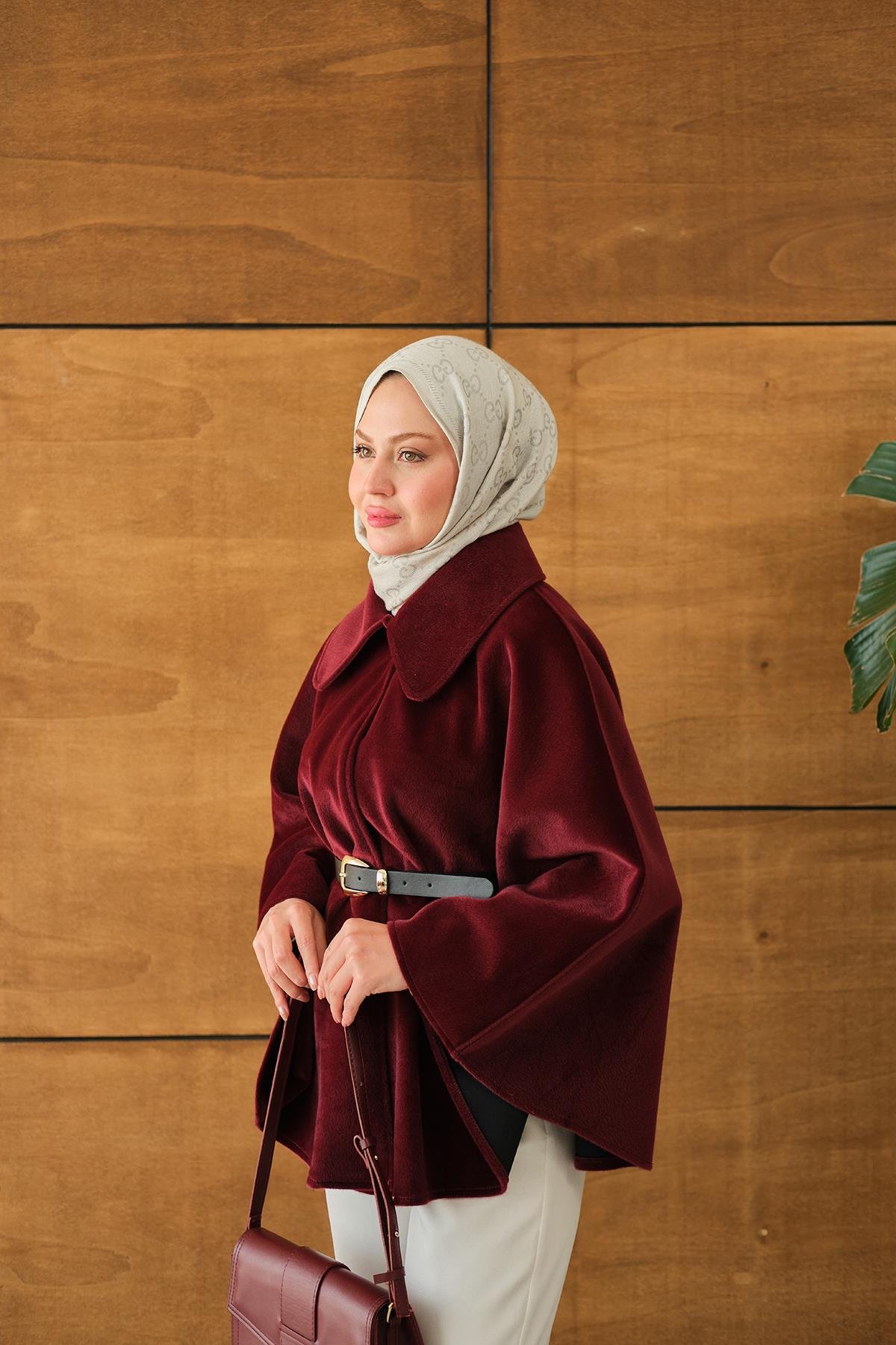 Kemerli Peluş Hırka Bordo