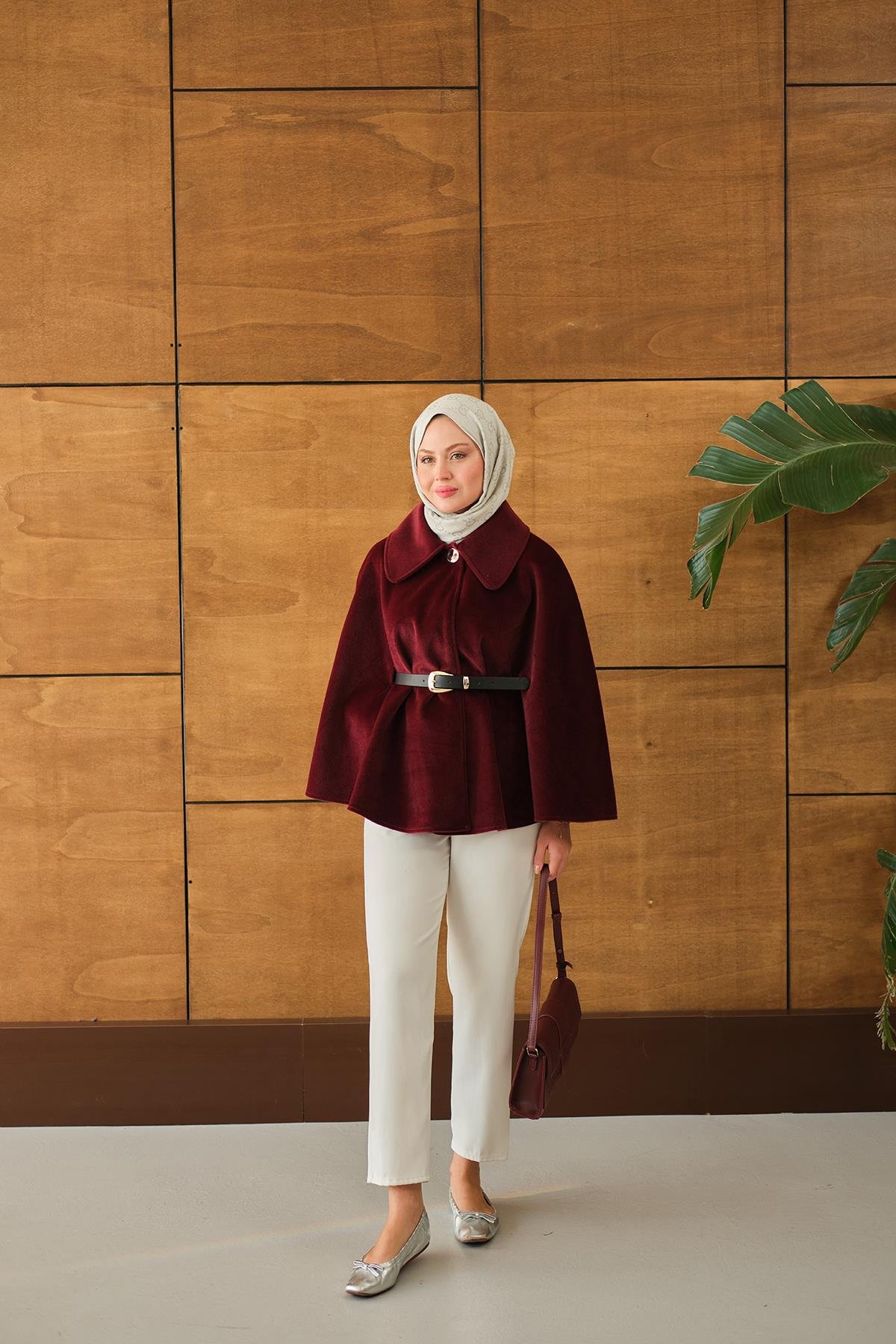 Kemerli Peluş Hırka Bordo