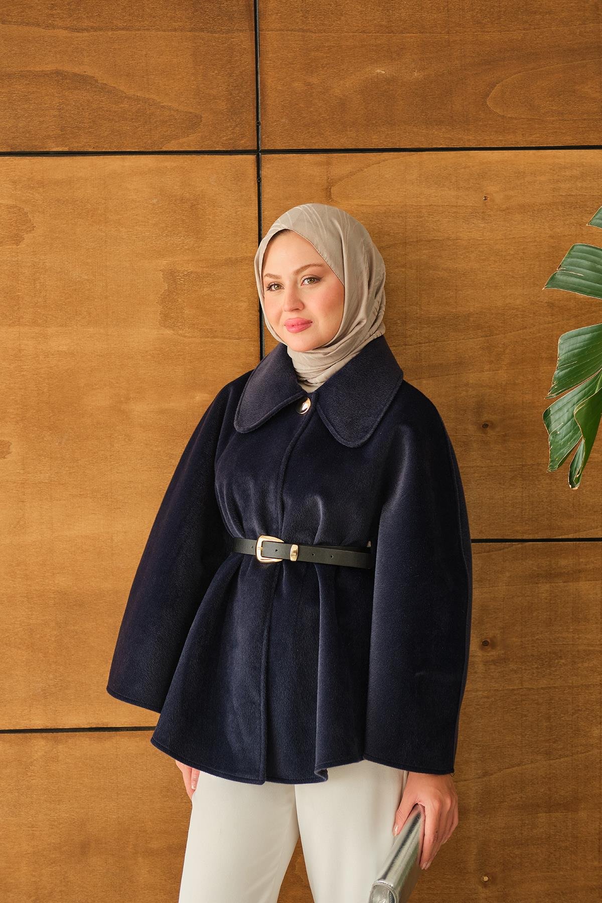 Kemerli Peluş Hırka Lacivert