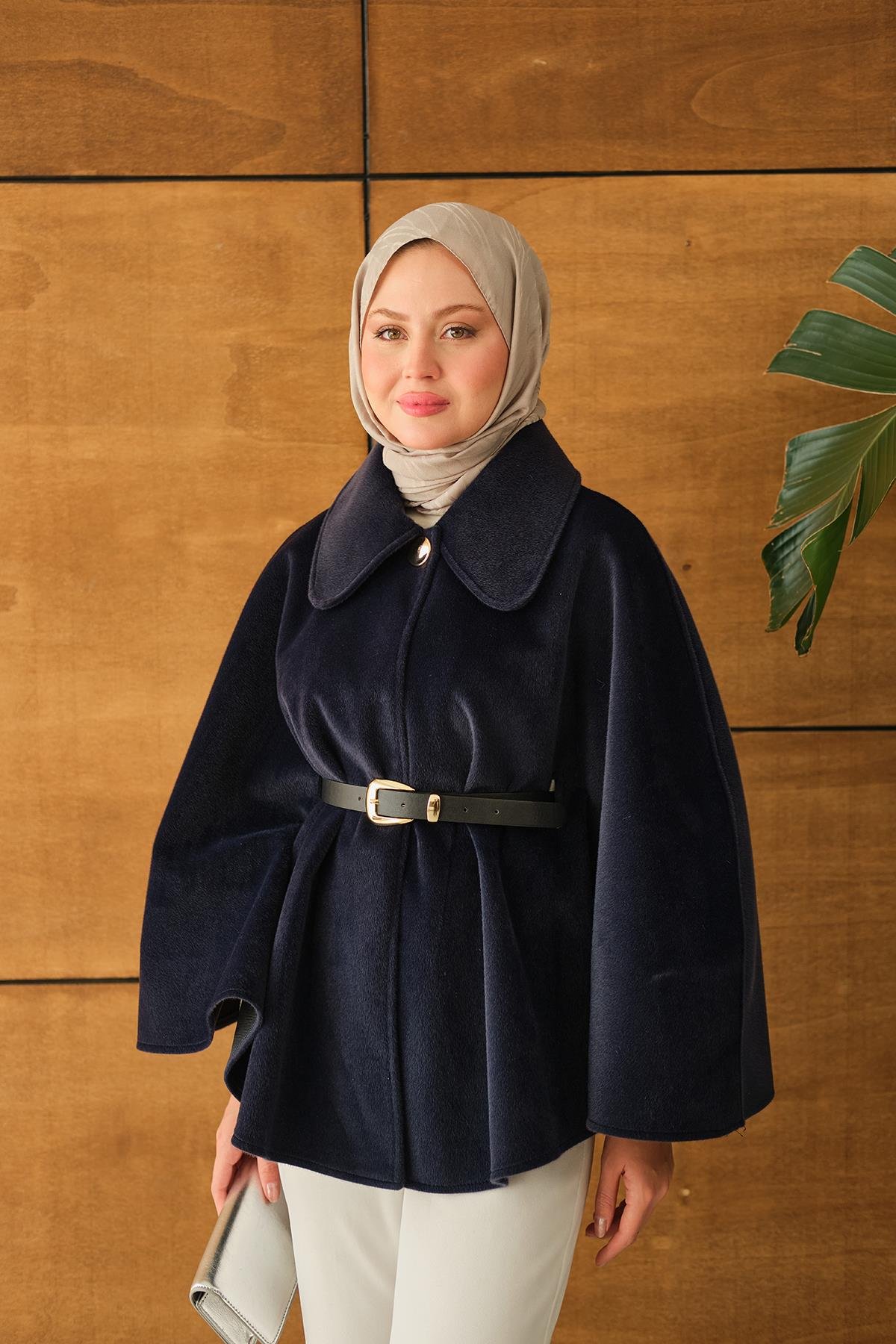 Kemerli Peluş Hırka Lacivert