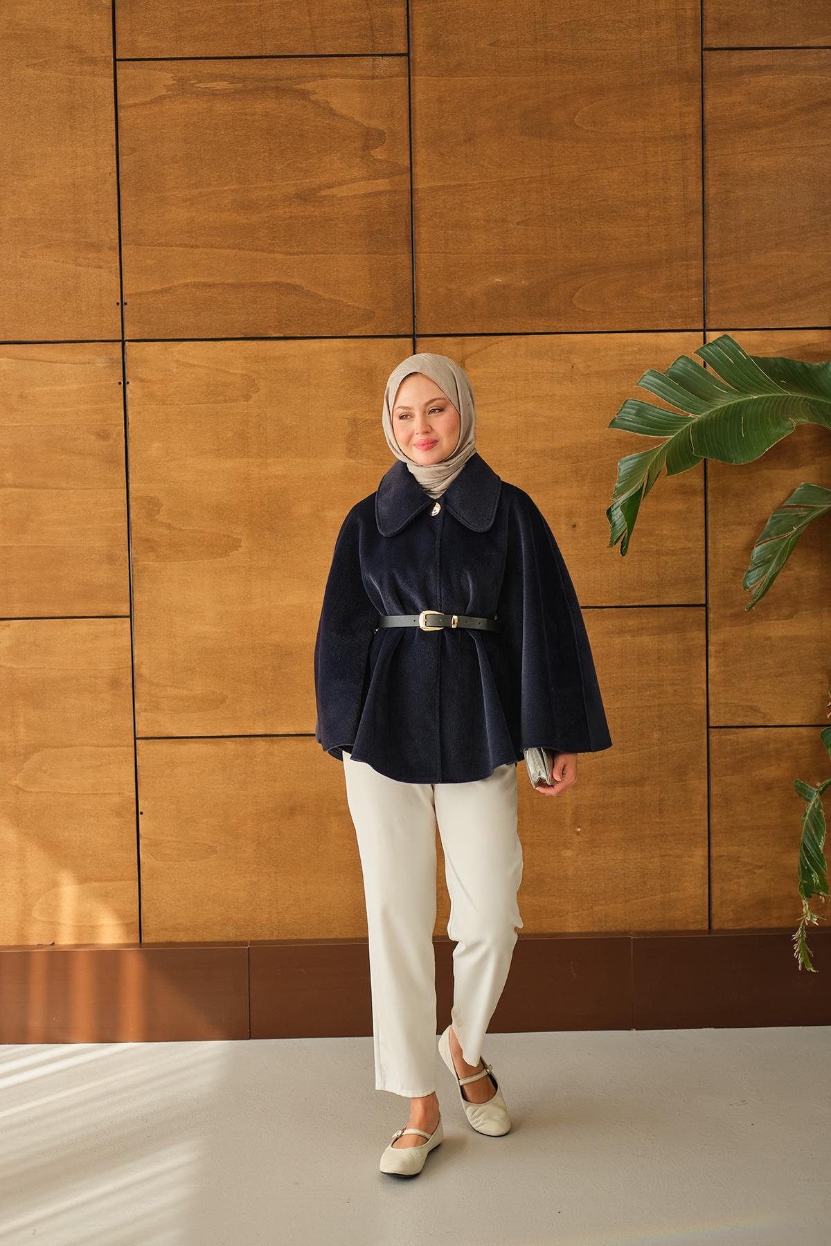 Kemerli Peluş Hırka Lacivert