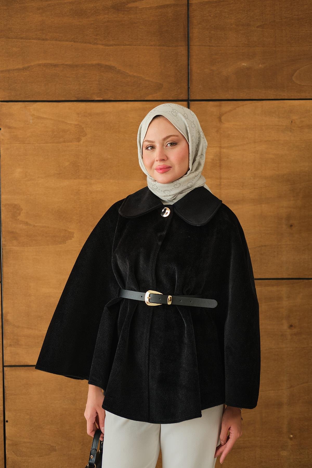 Kemerli Peluş Hırka Siyah