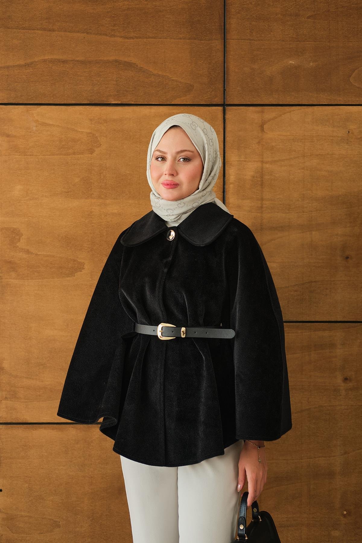 Kemerli Peluş Hırka Siyah