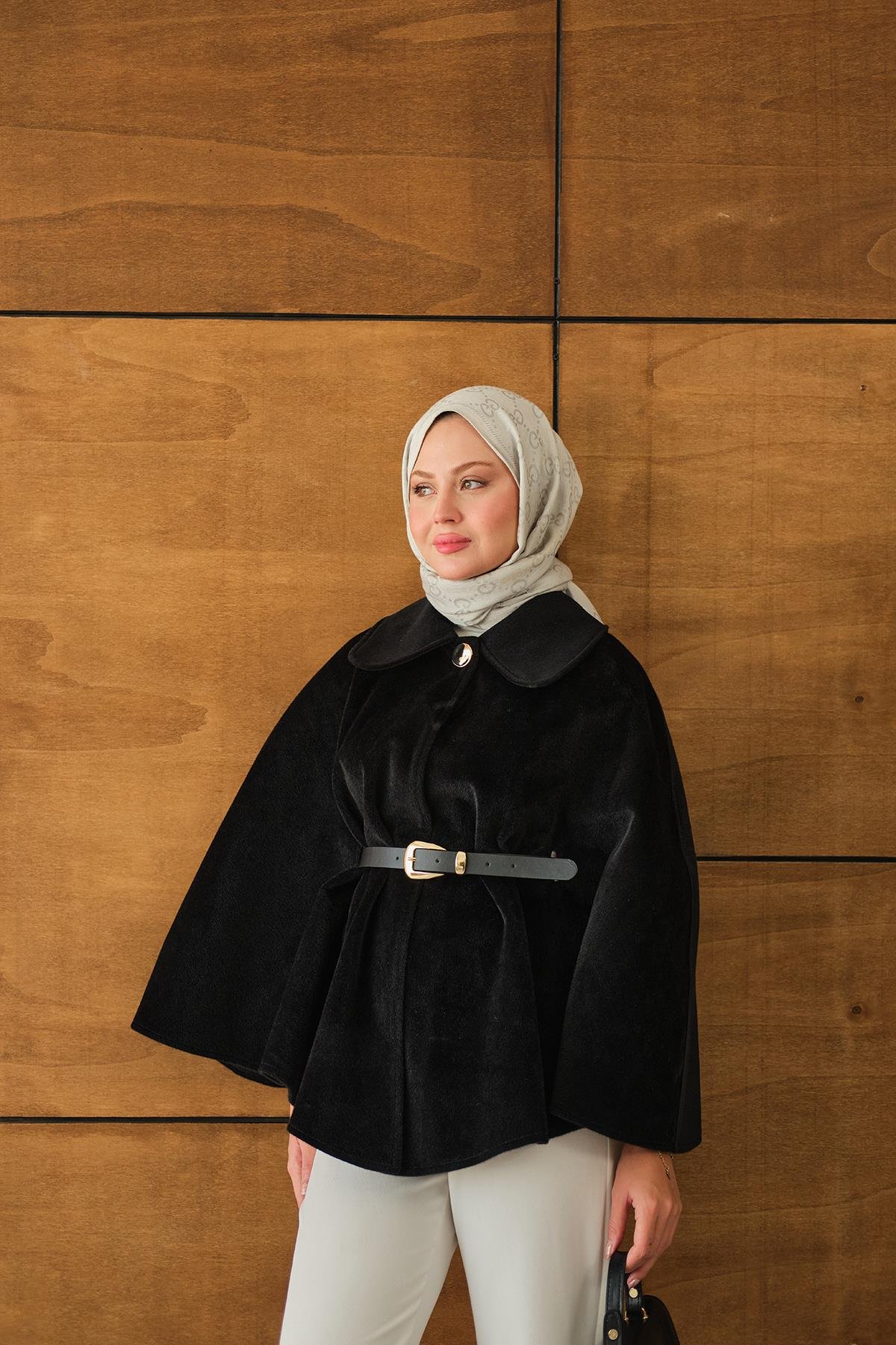 Kemerli Peluş Hırka Siyah