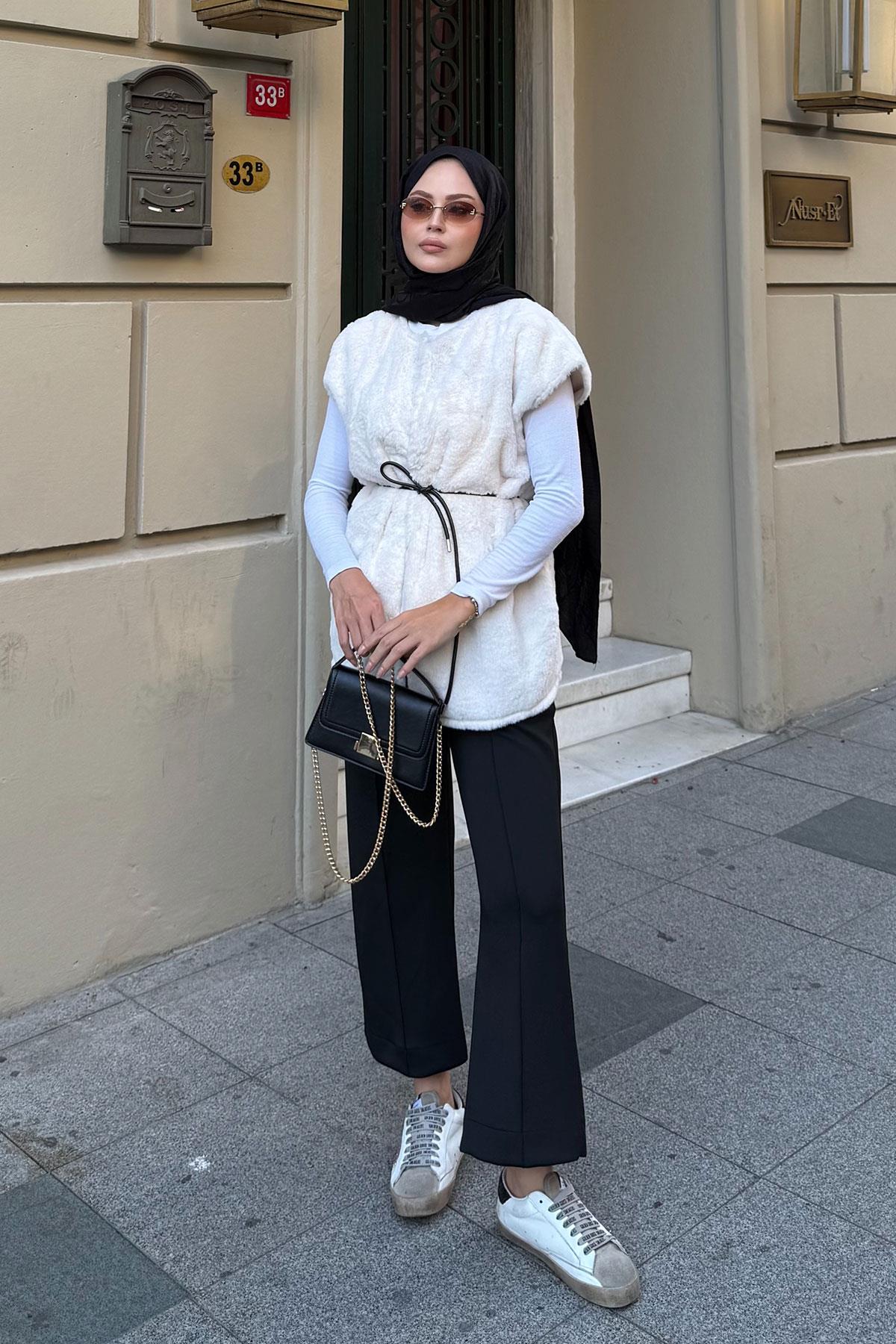 Kemerli Peluş Yelek Krem