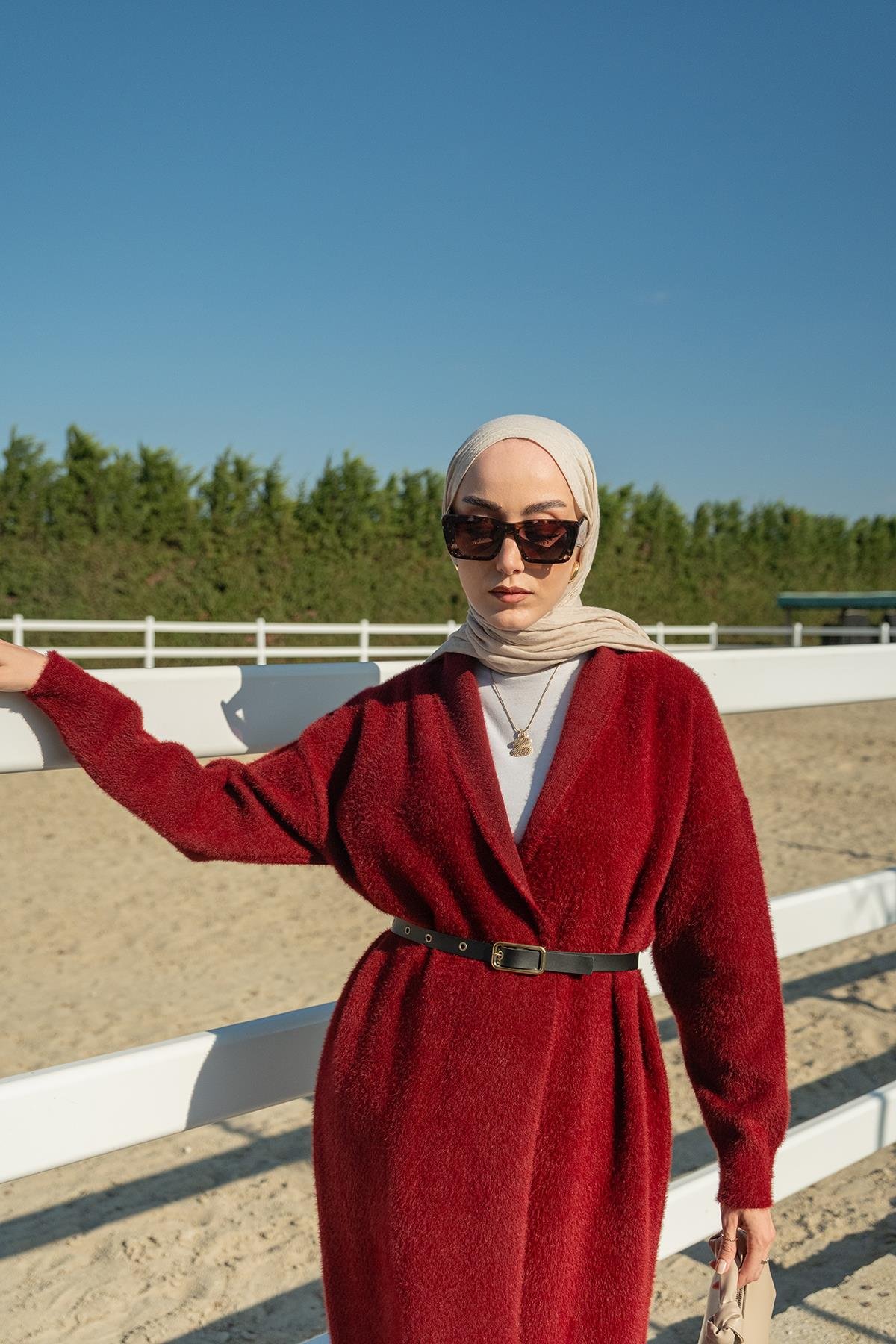 Kemerli Triko Ceket Bordo