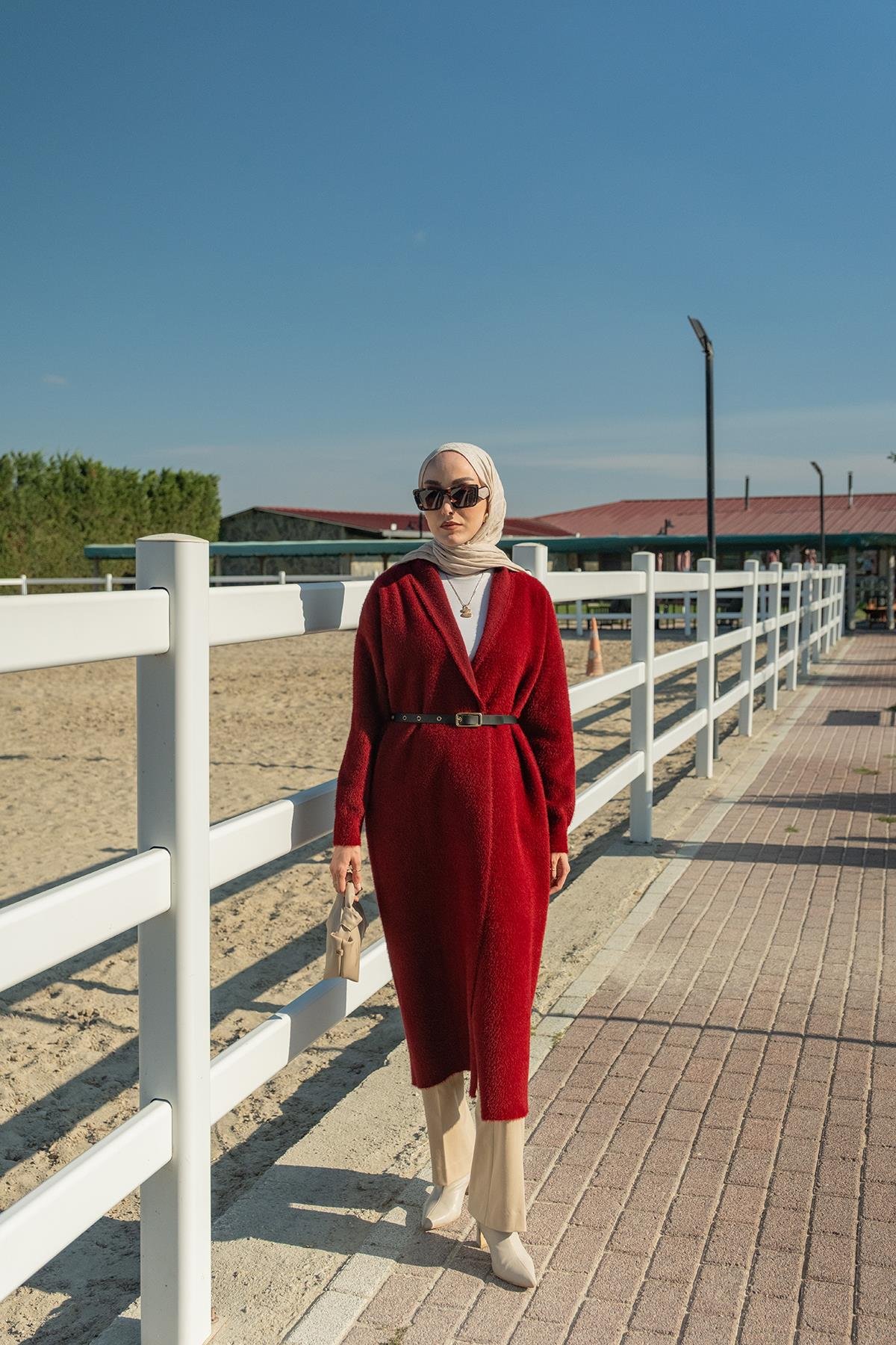 Kemerli Triko Ceket Bordo