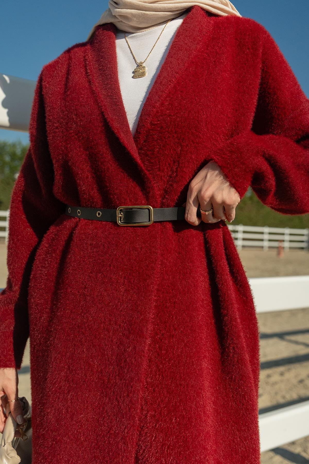 Kemerli Triko Ceket Bordo