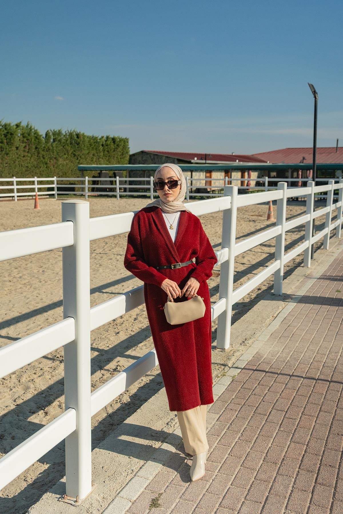 Kemerli Triko Ceket Bordo