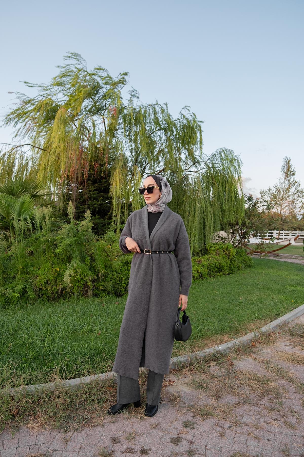 Kemerli Triko Ceket Füme