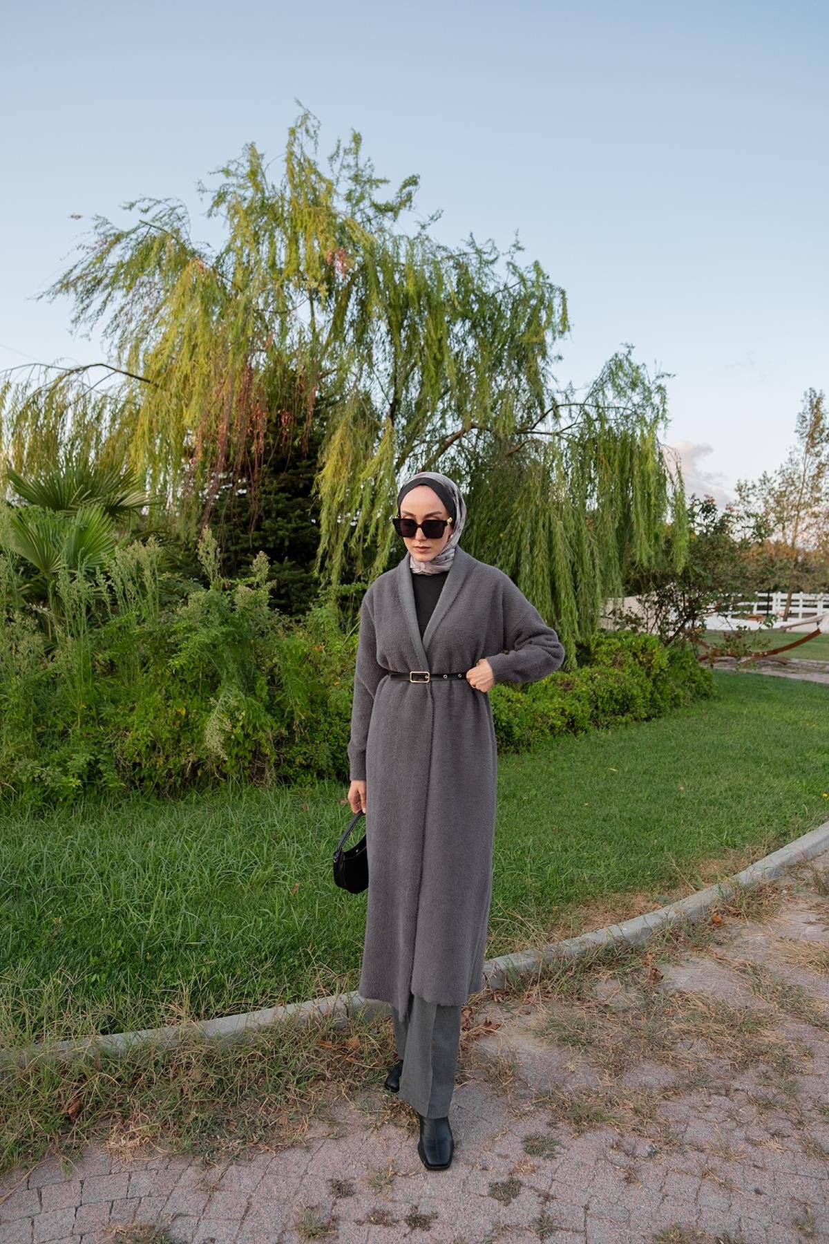 Kemerli Triko Ceket Füme