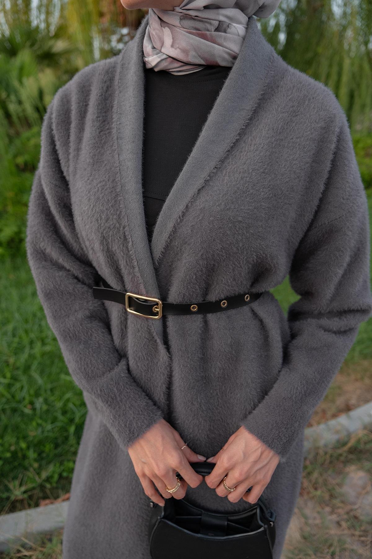 Kemerli Triko Ceket Füme