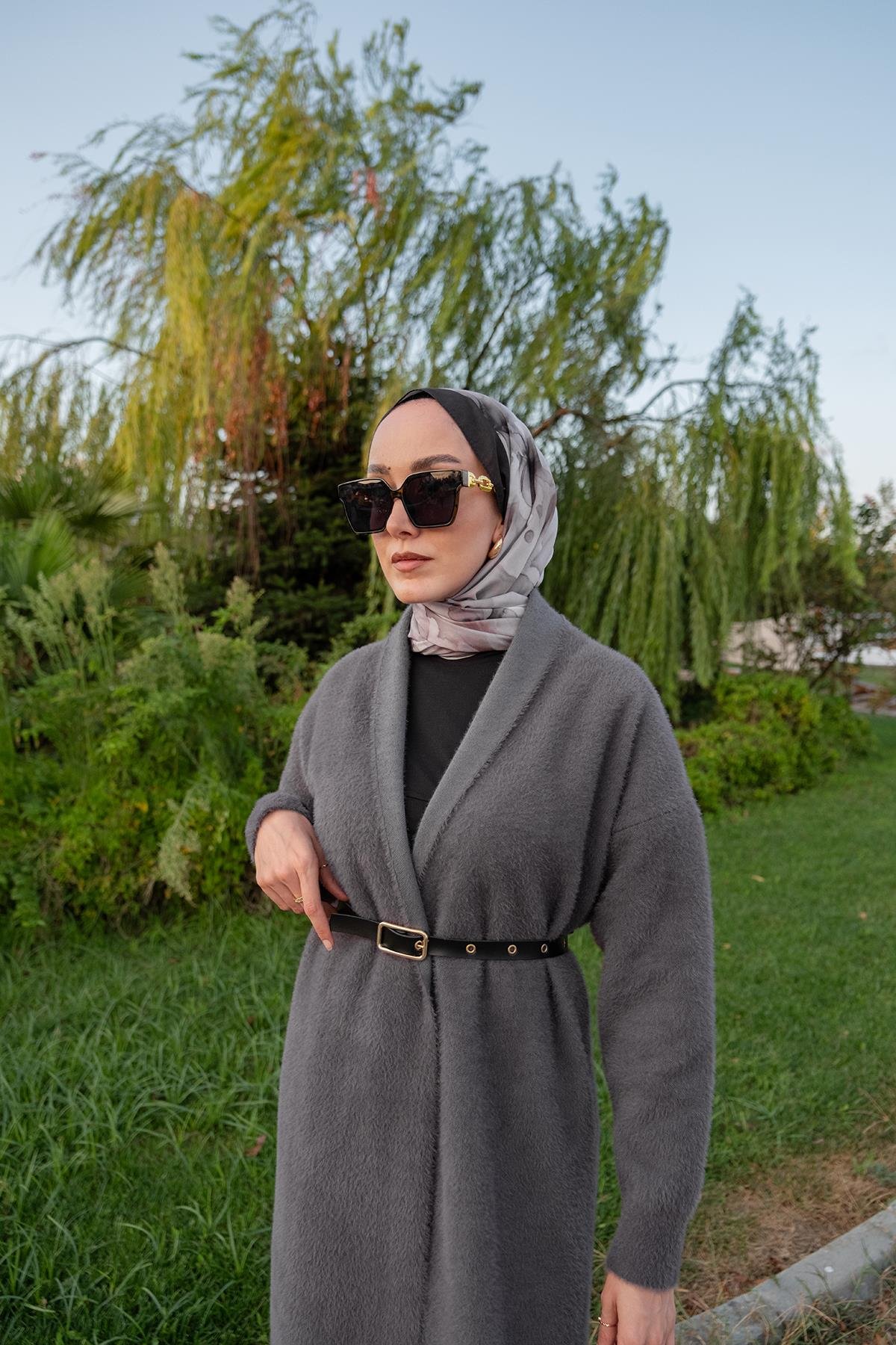 Kemerli Triko Ceket Füme