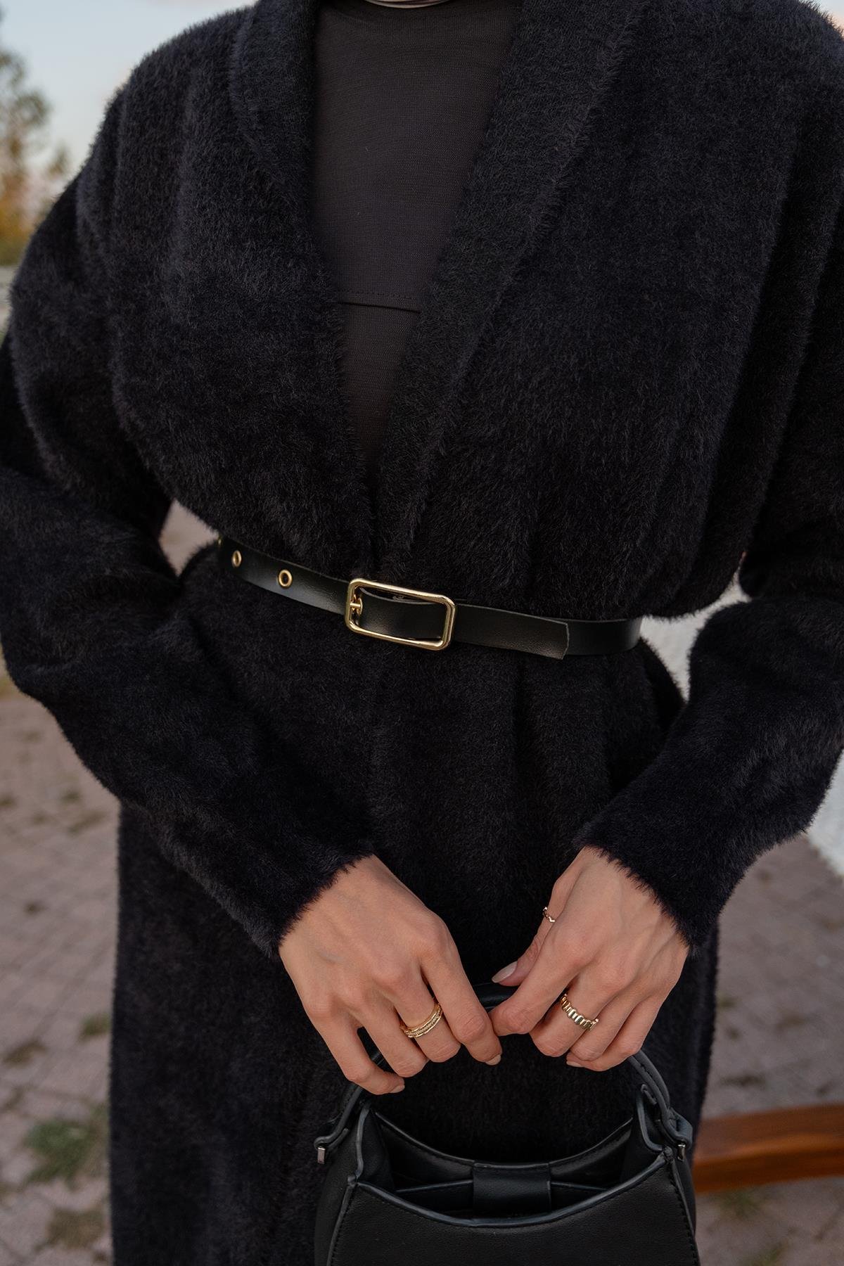 Kemerli Triko Ceket Siyah