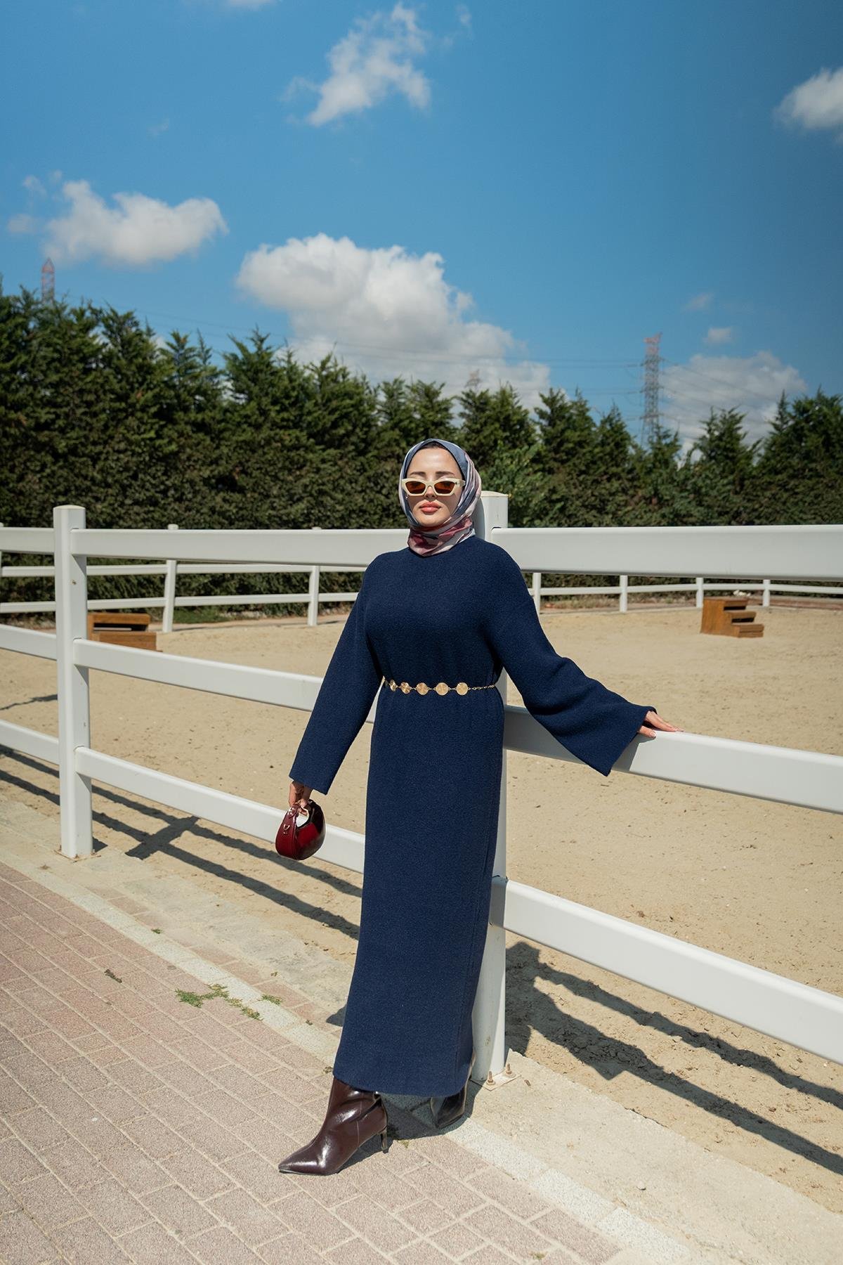 Kemerli Triko Elbise Lacivert