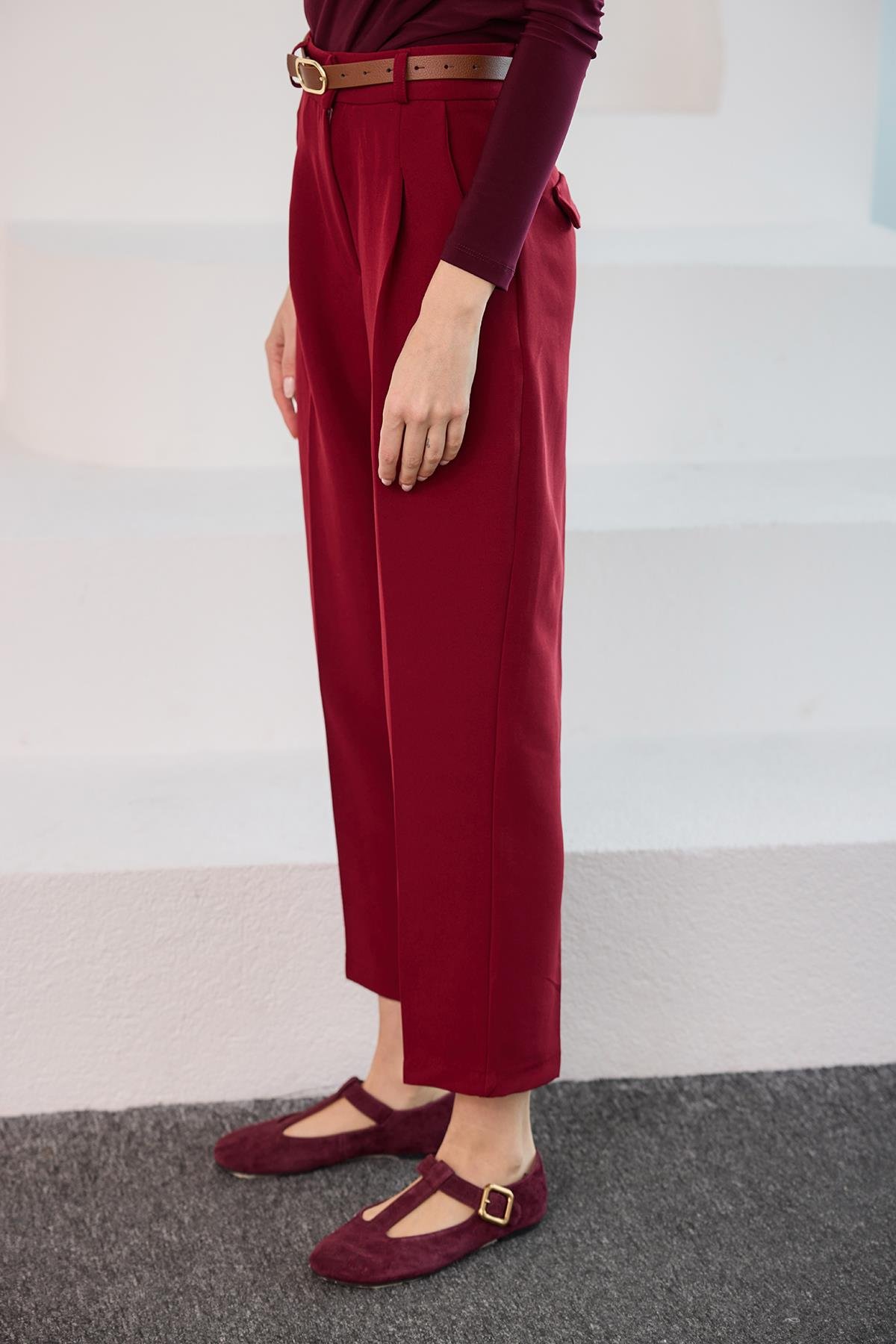 Kemerli Yüksek Bel Kumaş Pantolon Bordo