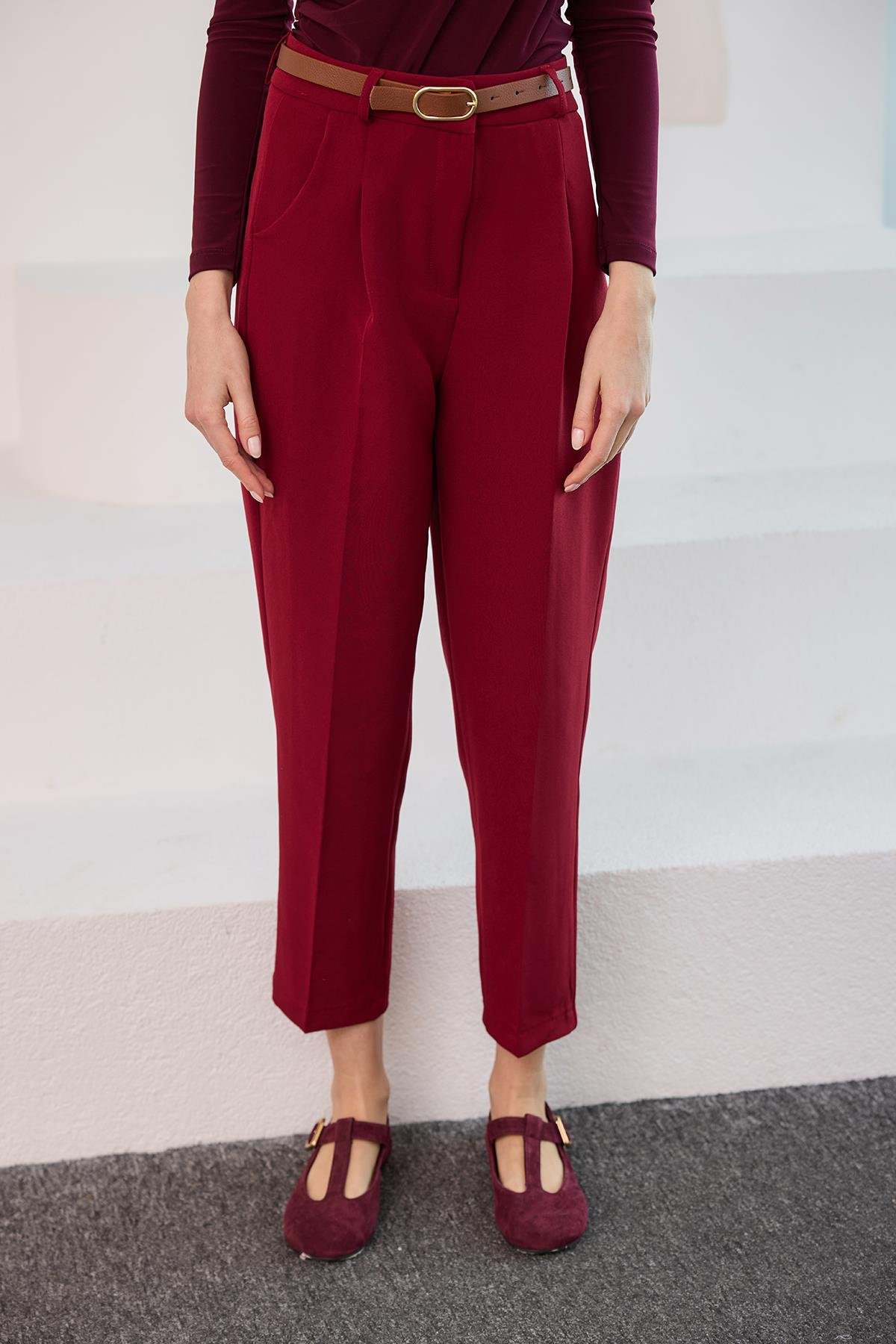 Kemerli Yüksek Bel Kumaş Pantolon Bordo