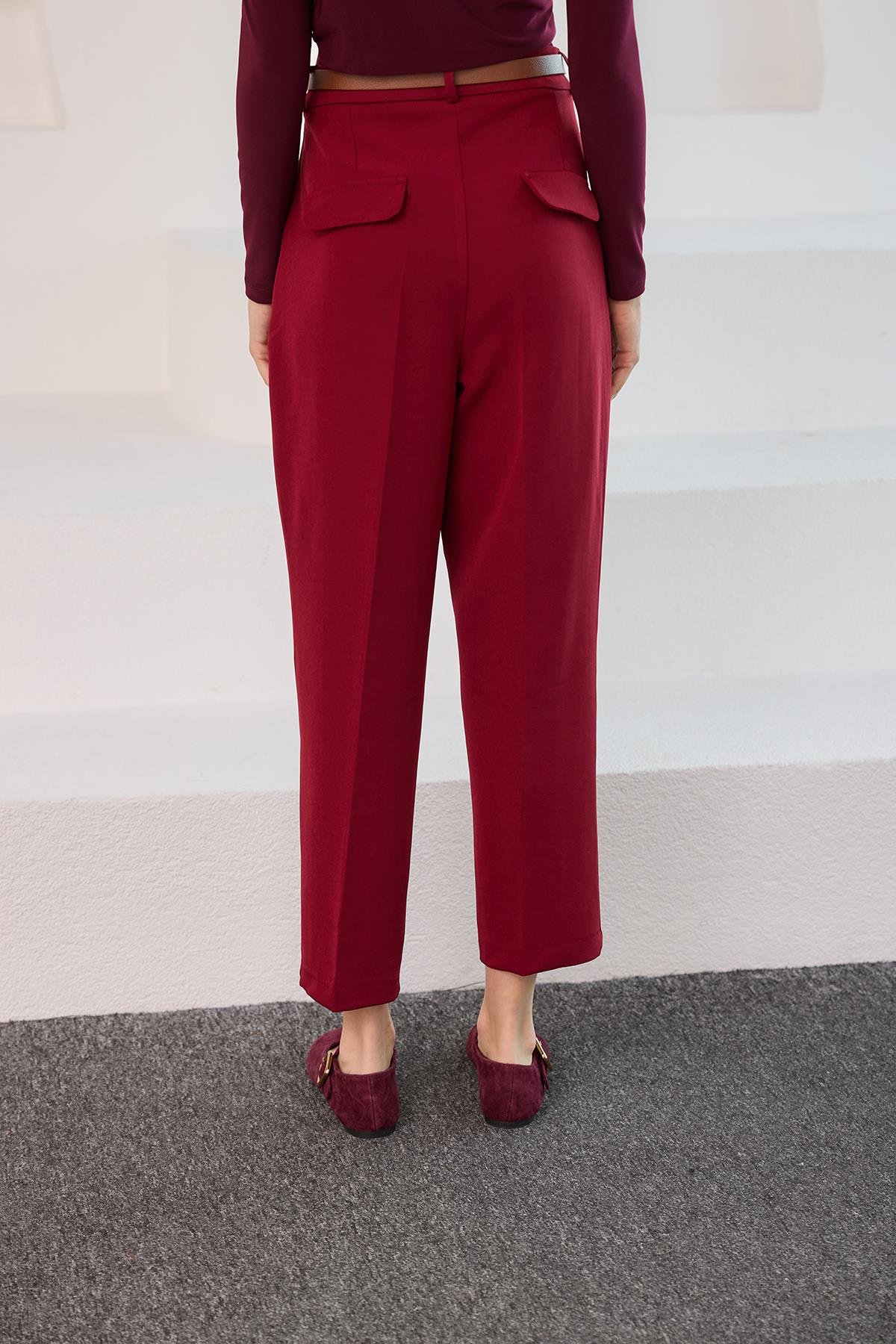 Kemerli Yüksek Bel Kumaş Pantolon Bordo
