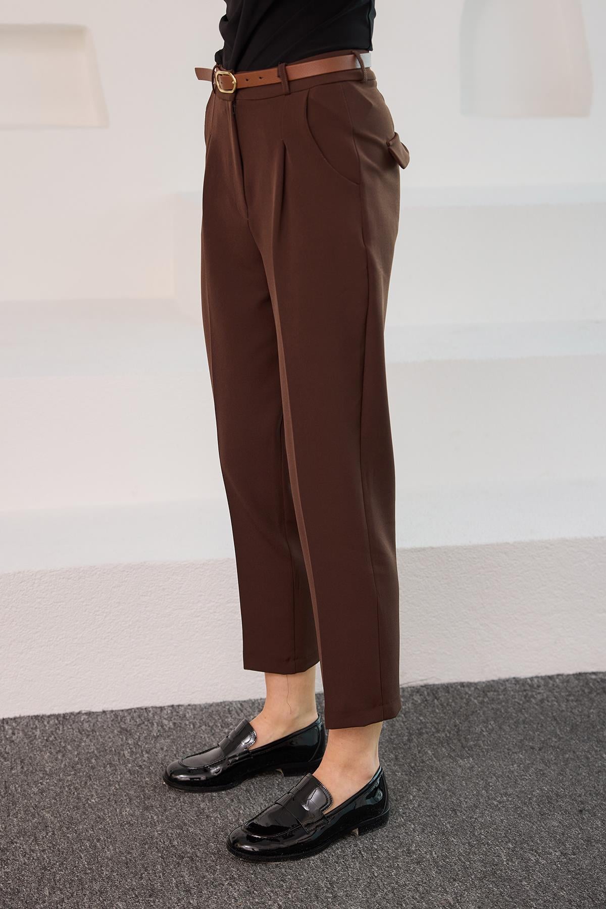 Kemerli Yüksek Bel Kumaş Pantolon Kahverengi
