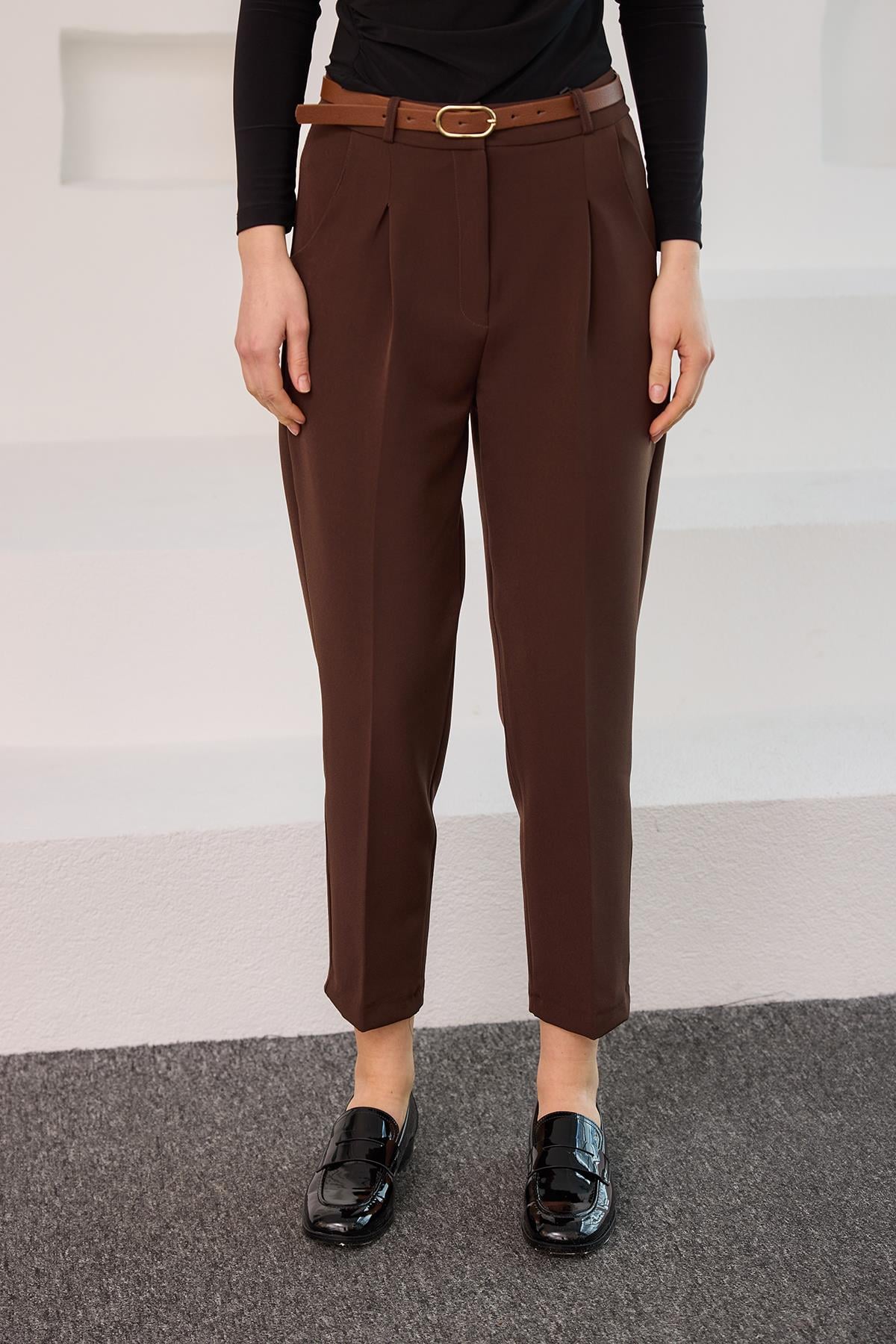 Kemerli Yüksek Bel Kumaş Pantolon Kahverengi