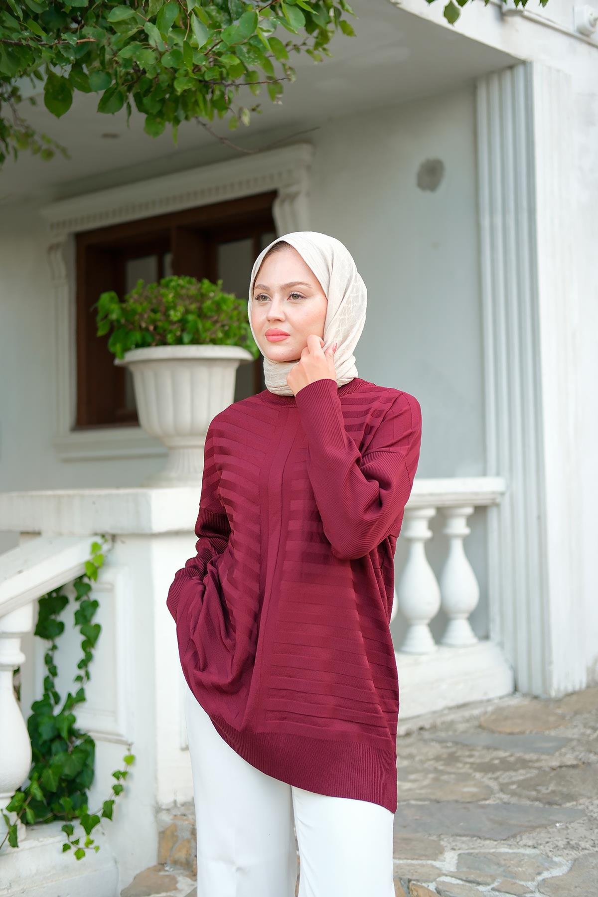 Kendinden Çizgi Desen Tunik Bordo