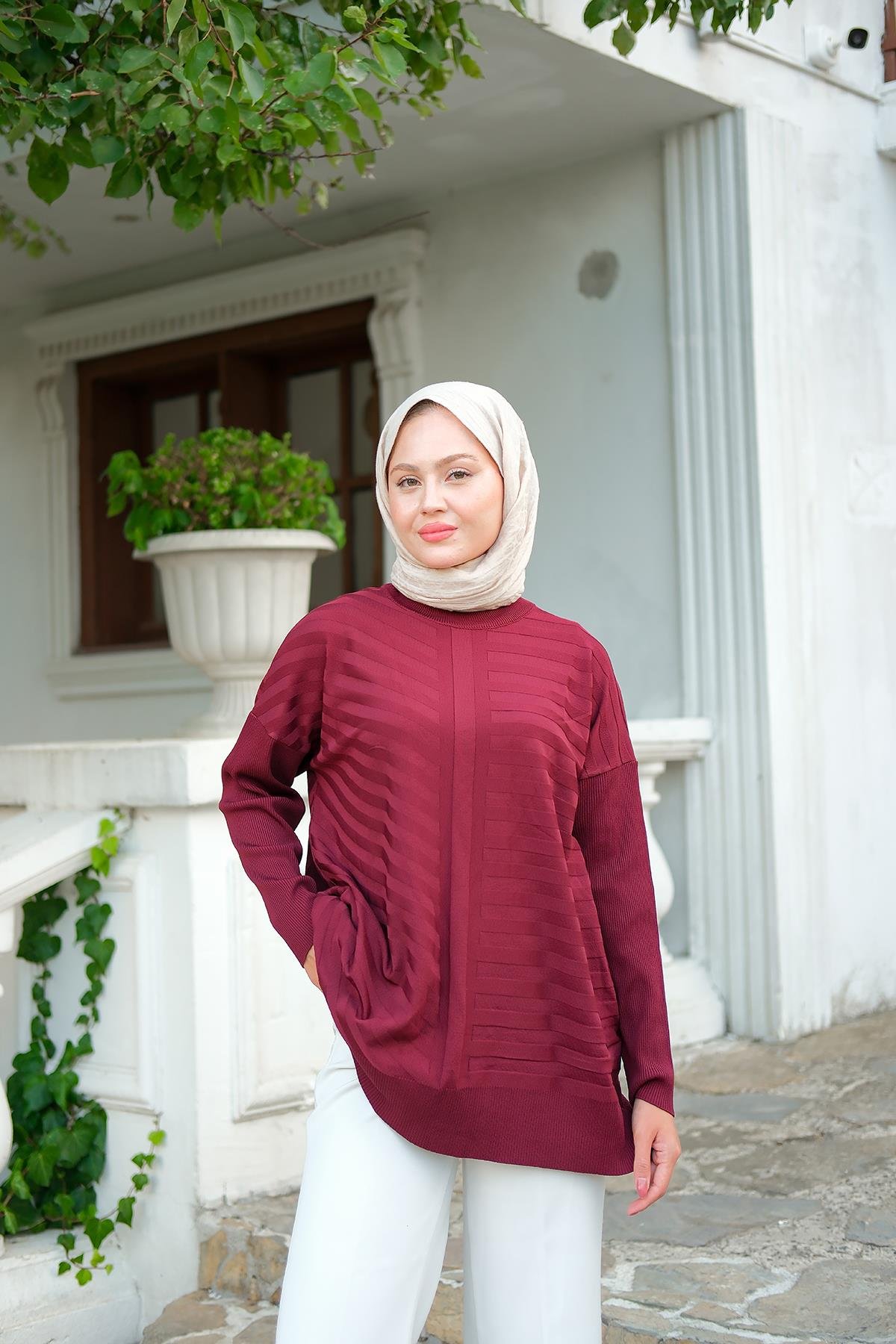 Kendinden Çizgi Desen Tunik Bordo