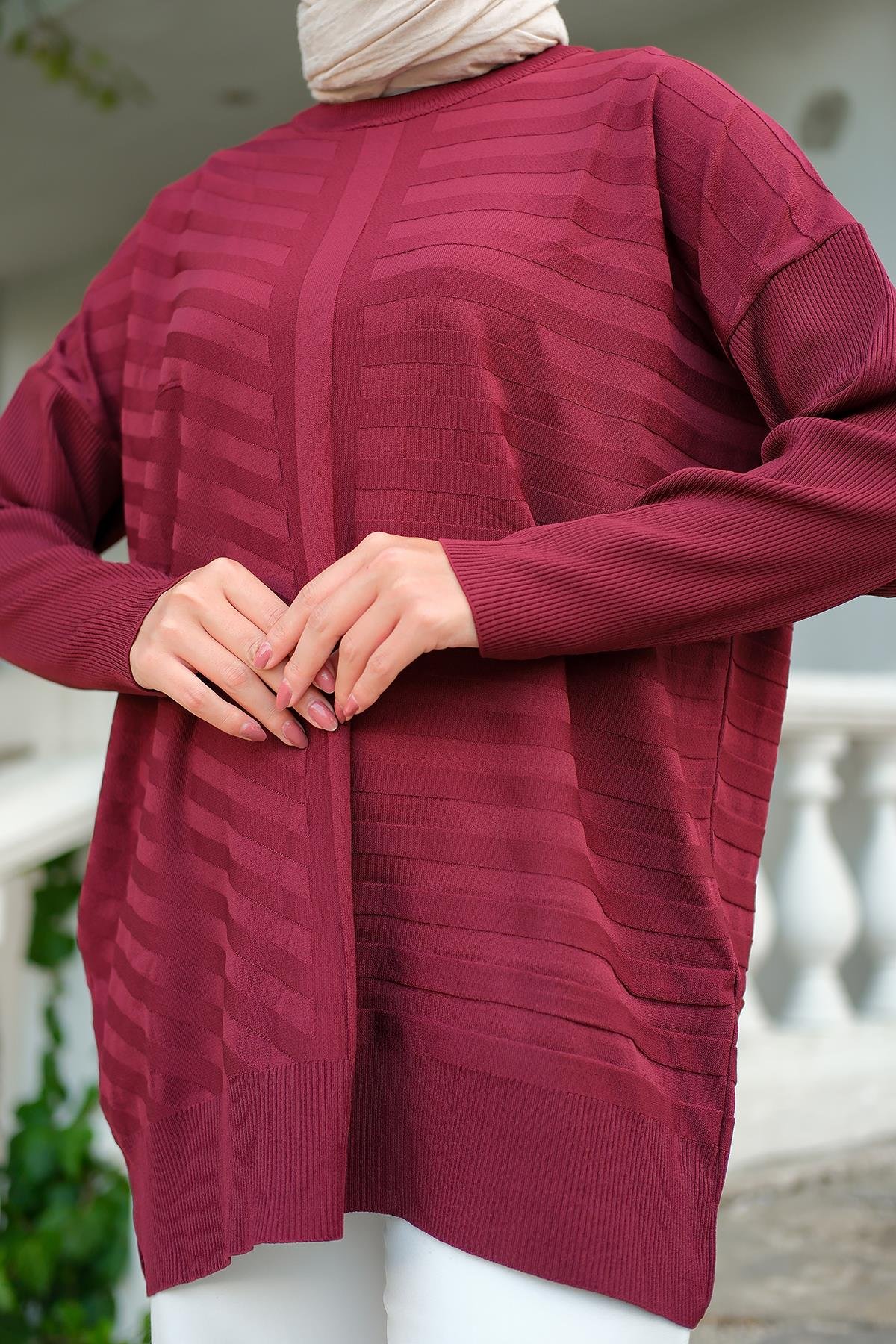 Kendinden Çizgi Desen Tunik Bordo